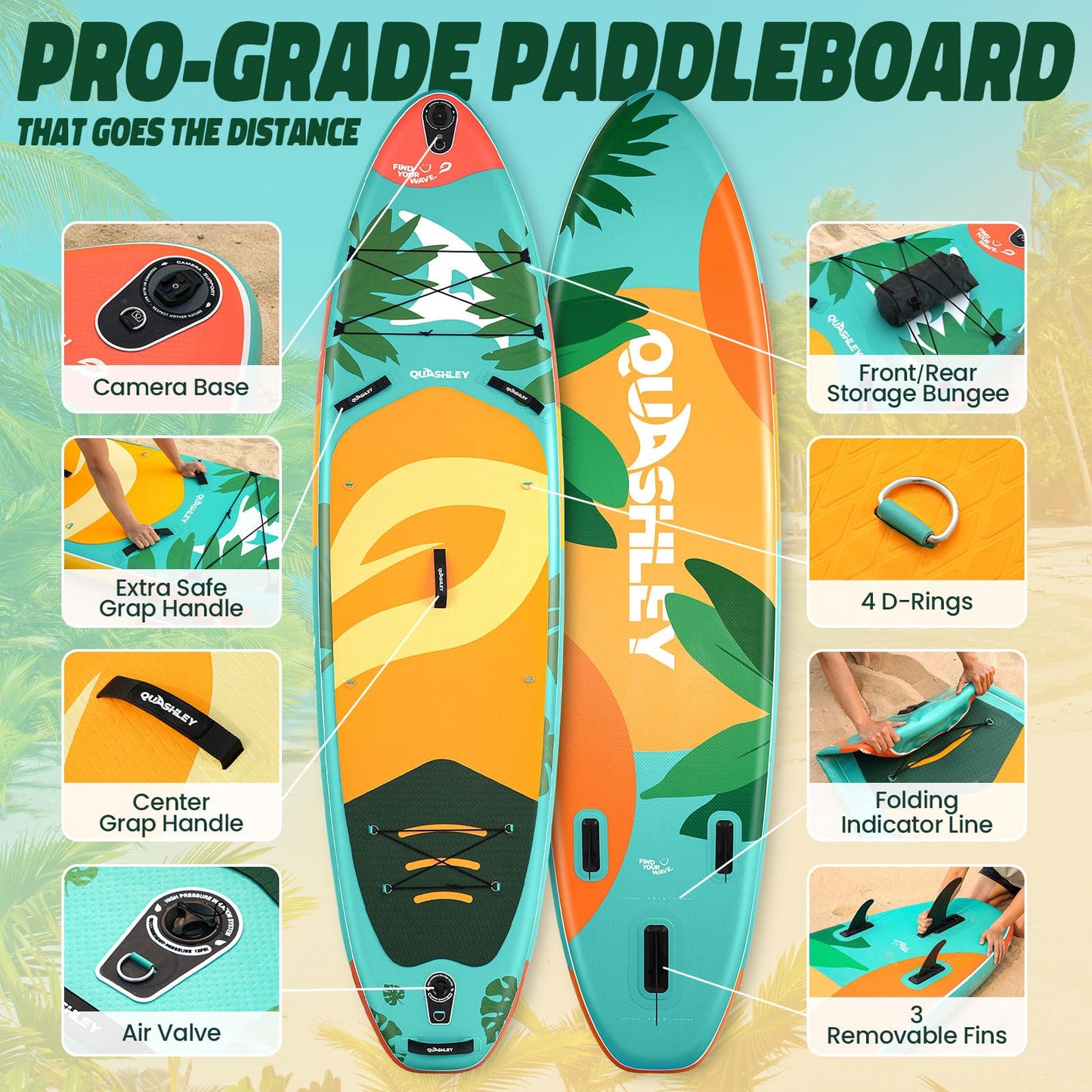 Quashley Inflatable Stand Up Paddle Boards 34" Wide SUP Boards with All Premium Paddleboards Accessories,Stable Design for Beginners Green Paddle Boards