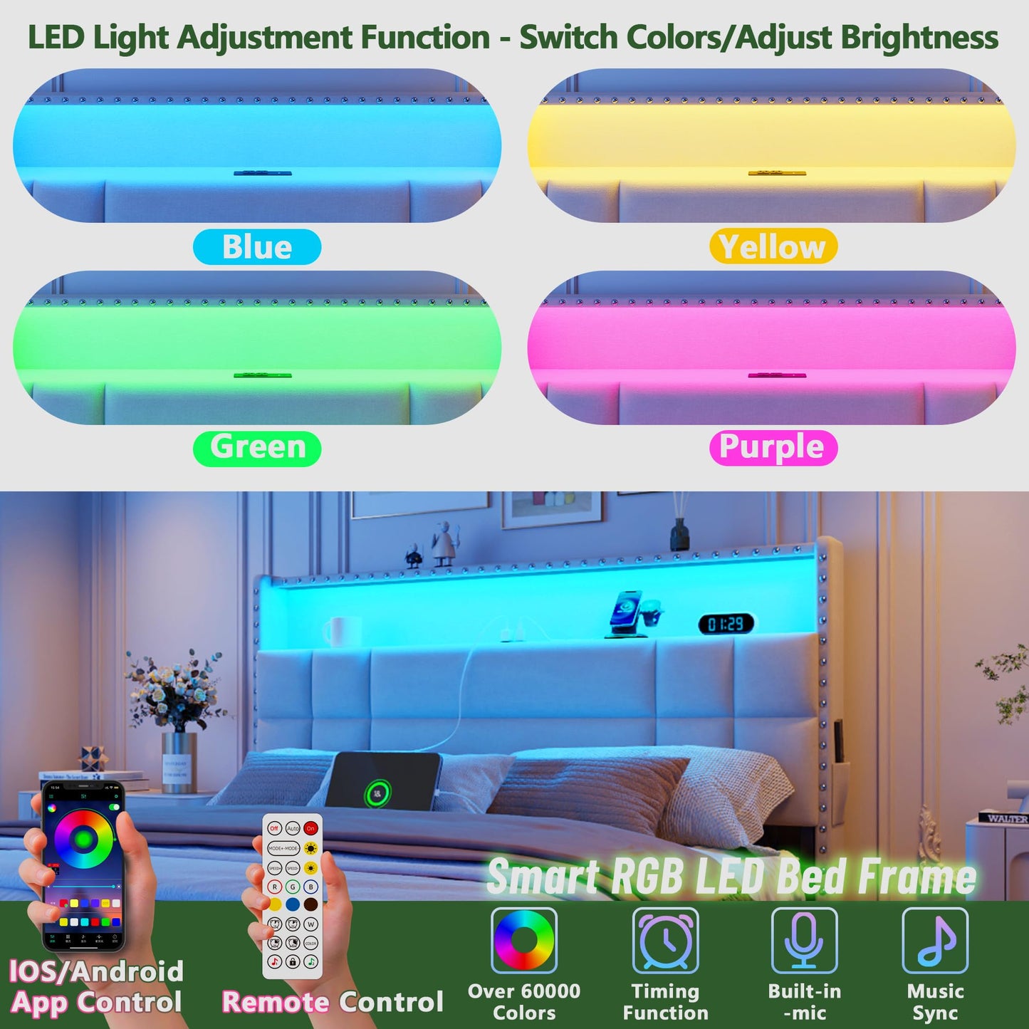 Forestell Queen Bed Frame with 4 Drawers and Storage Headboard, Upholstered Platform Bed Frame Queen Size with LED Lights and Charging Station, Metal Slats Support, No Box Spring Needed, Beige
