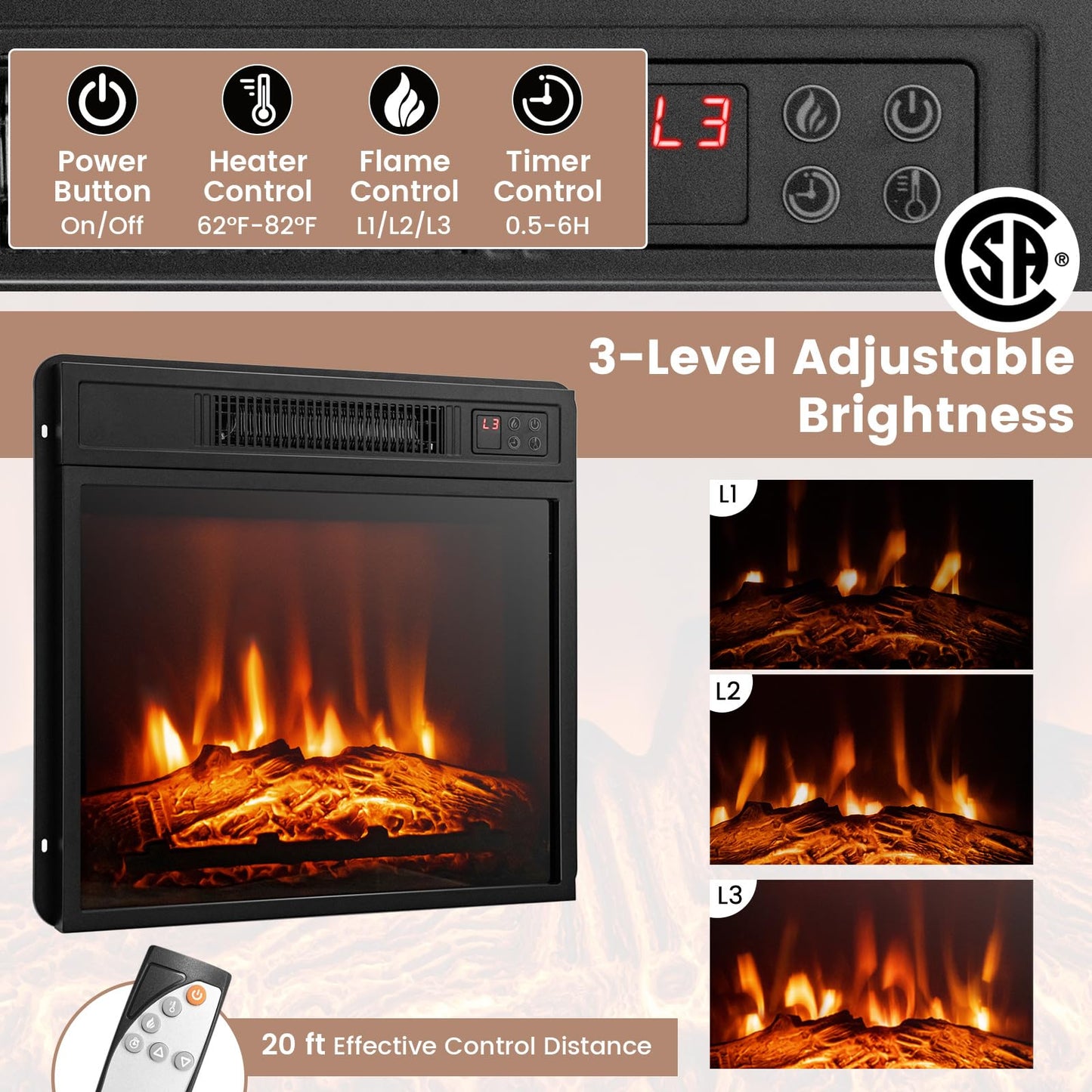 Tangkula Electric Fireplace TV Stand, Electric Fireplace Mantel with 16-Color Led Lights, Adjustable Glass Shelves, Remote & Smart APP Control, TV Console for Living Room (Black)