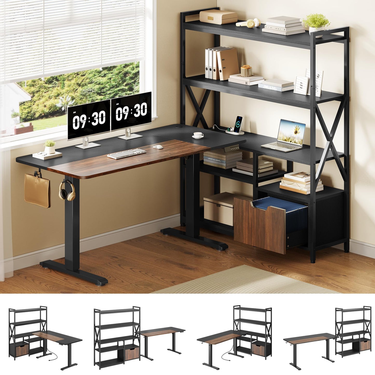 Homiflex 77.8 Inches L Shaped Standing Desk Corner Desk with Hutch Electric Height Adjustable Desk with Storage Shelves File Drawer Power Outlets Reversible Computer Gaming Desk for Home Office Black
