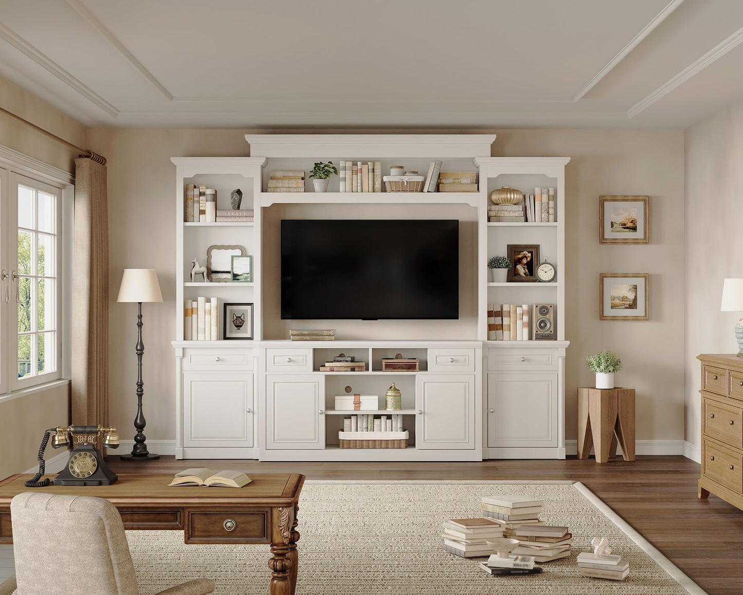 AMERLIFE 102.8" Wall Unit Entertainment Center with Bookshelves for TVs up to 65", Multifunctional TV Stand Media Console with Cabinet & Storage Drawer & Adjustable Shelf for Living Room,White