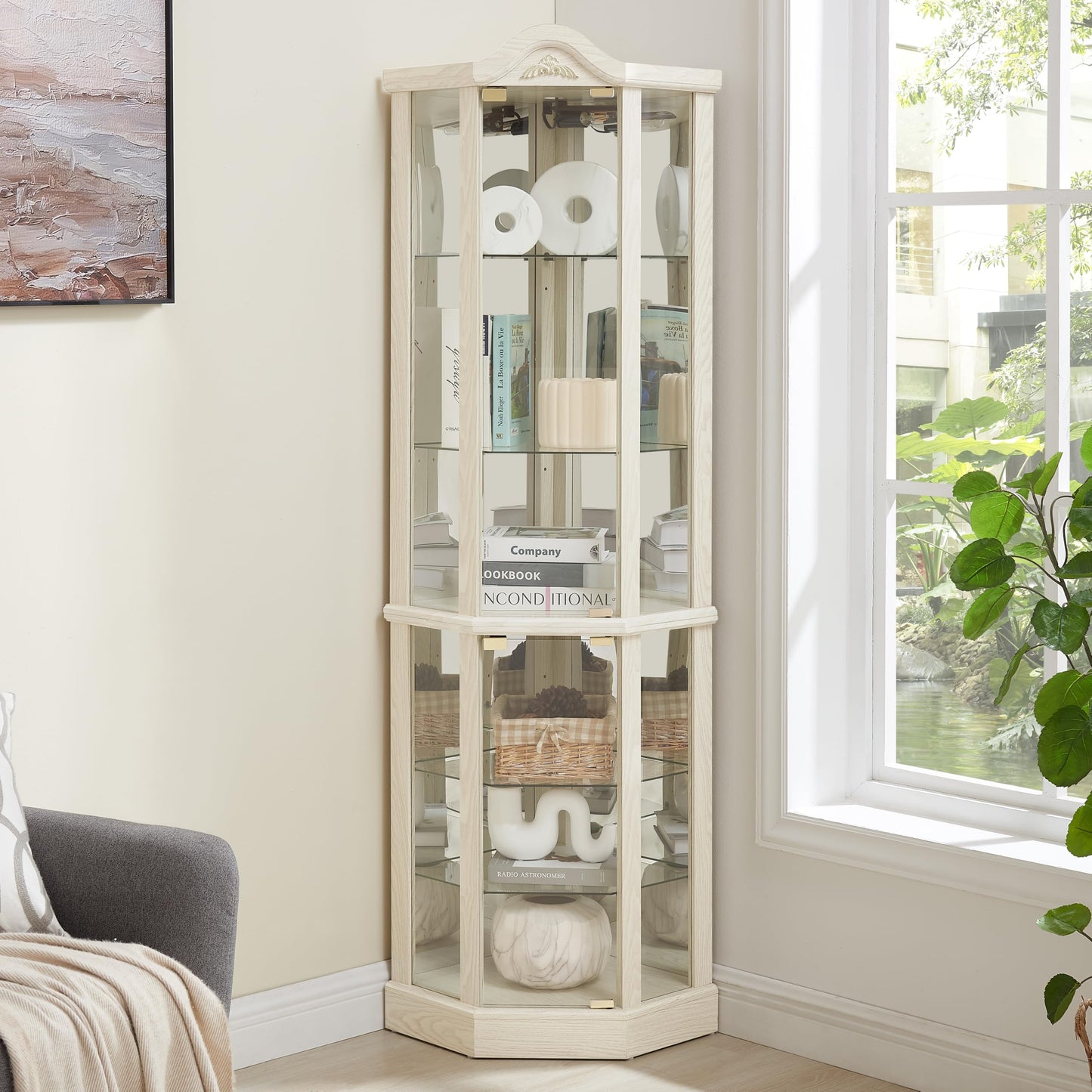KEIKI 72" Corner Glass Display Cabinet with Adjustable Shelves, for Collectibles, Storage Curio Cabinet with Arched Floral Carving Decoration, 6-Tier Showcase Display Case, for Living Room, White