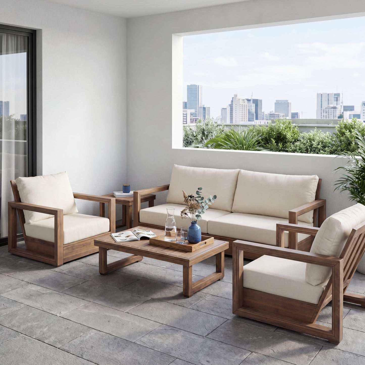 Christopher Knight Home 5-Piece Patio Furniture Set, Acacia Wood Outdoor Patio Sofa Set with 2 Swivel Rocking Chairs, 3-Seater Couch, Coffee Table & Side Table, Deep Seat Patio Conversation Set, Brown