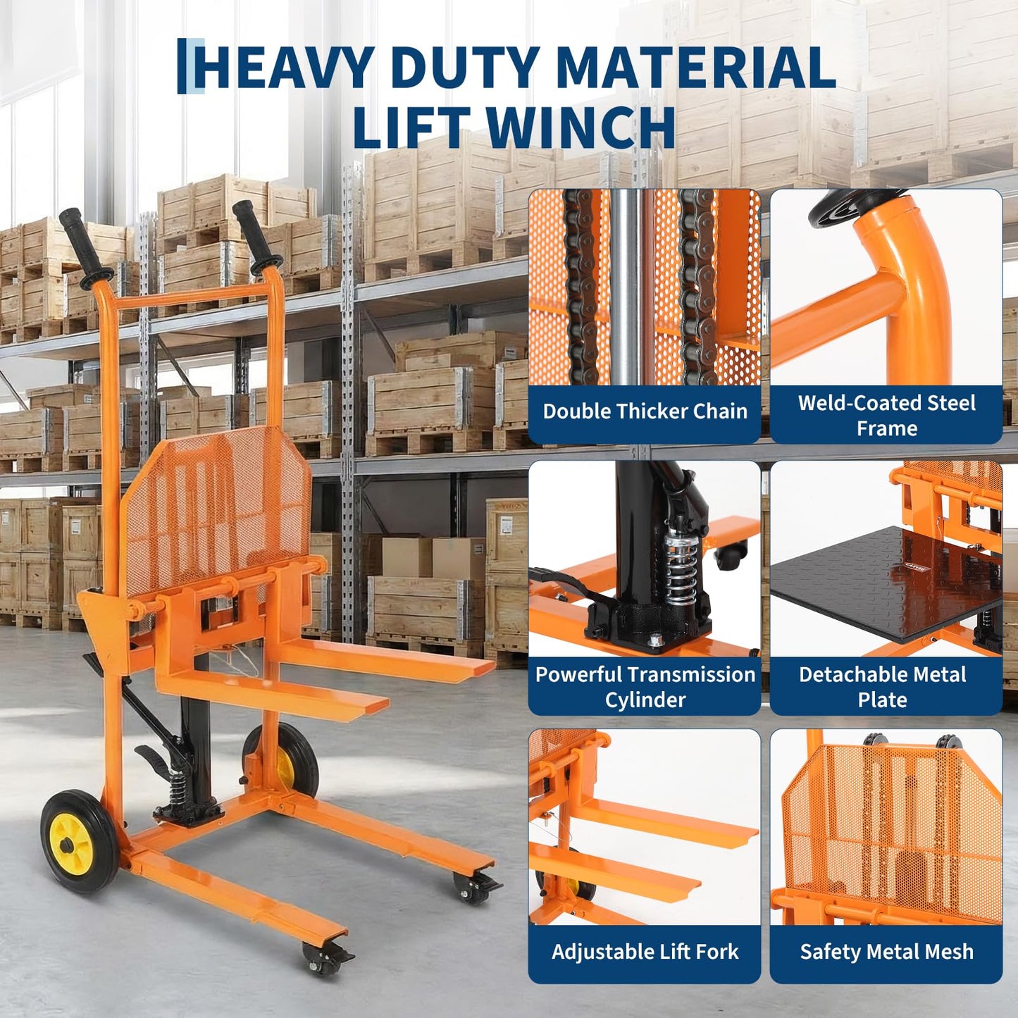 450LBS Hydraulic Material Lift Dolly-Adjustable Manual Fork Winch Stacker,Pallet Truck Fork Lift Dolly Cart with Removable Platform, 36" Max Lift