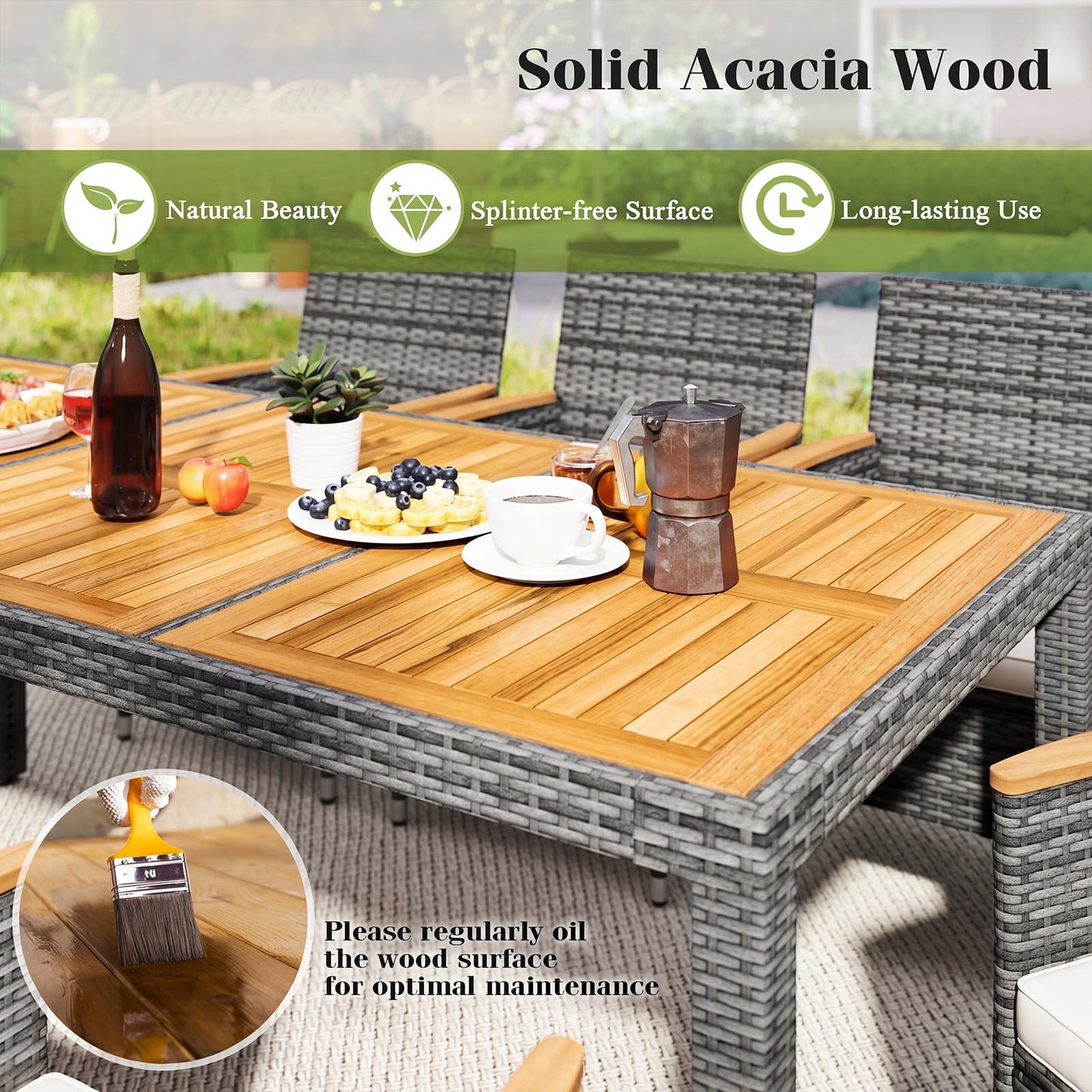 Tangkula 9 Pieces Outdoor Wicker Dining Set, Patio Dining Furniture Set with Acacia Wood Table and 8 Armchairs, Outdoor Table and Chairs Set with 1.96” Umbrella Hole and Cushions