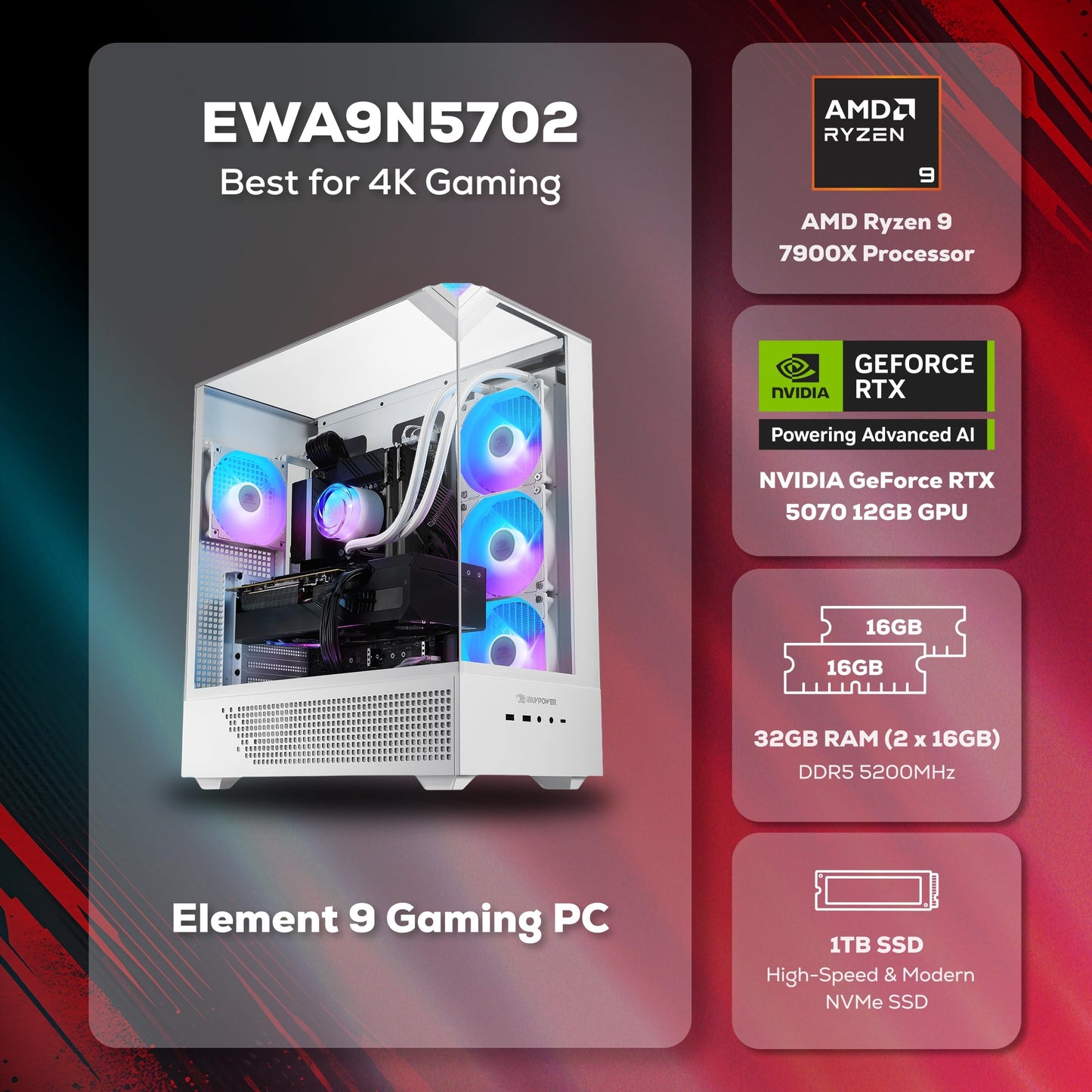 iBUYPOWER Element Gaming PC Desktop Computer AMD Ryzen 9 7900X CPU, NVIDIA GeForce RTX 5070 12GB GPU, 32GB DDR5 RGB 5200MHz RAM, 1TB NVMe SSD, Windows 11 Home, Gamer Keyboard and Mouse - EWA9N5702