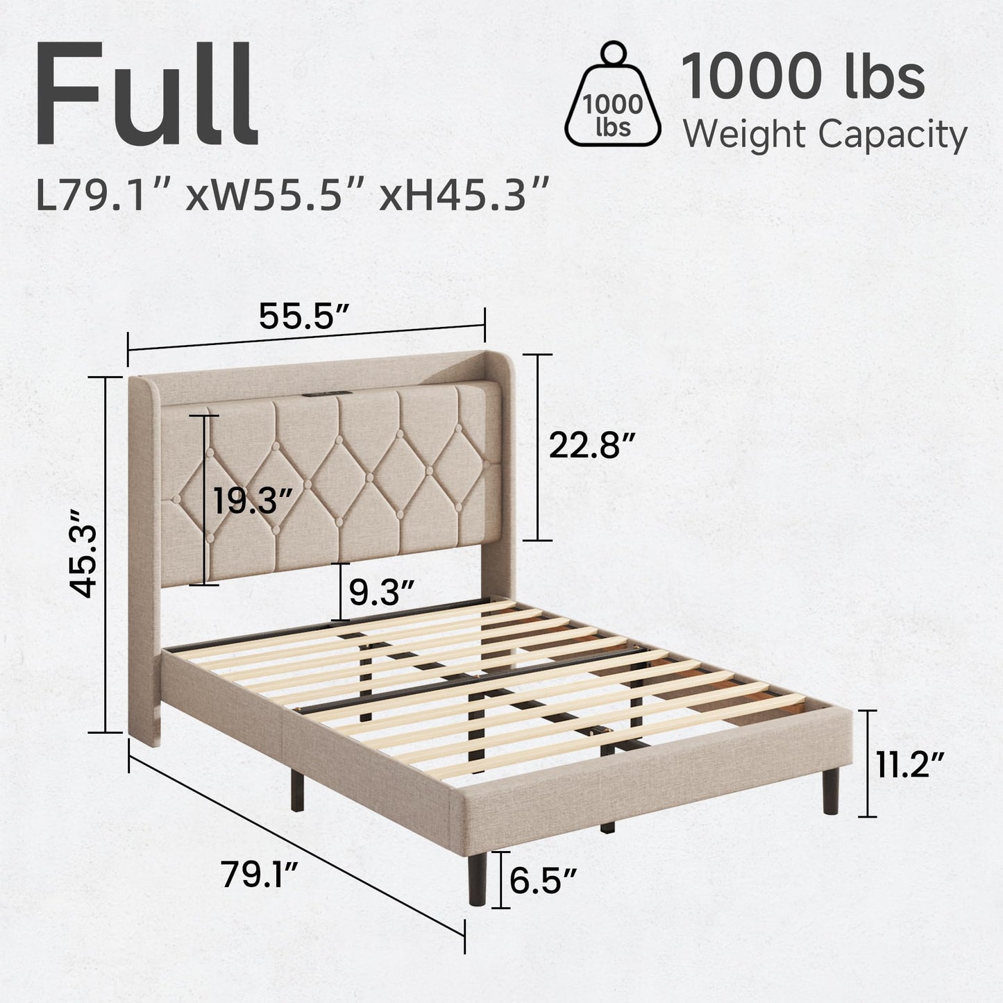 Lcwtvgxr Full Size Bed Frame with Diamond Tufted Linen Headboard & Storage Shelf, Commercial-Grade Platform Bed with Wood Slats & Sturdy Metal Frames, No Box Spring Needed, Easy Assembly, Beige