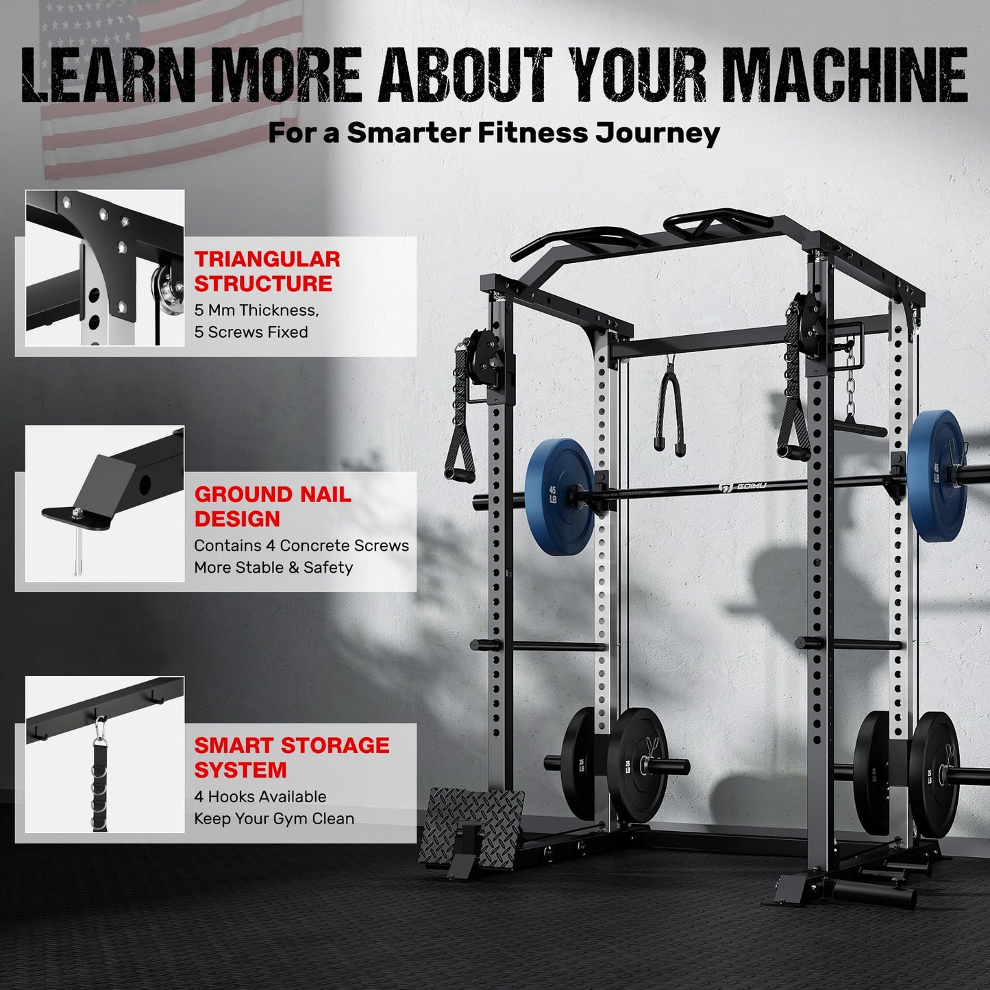 GOIMU DP01 Power Cage, 2000LBS Squat Rack with Cable Crossover and Dual Independent Pulley System, Full Cage for Full Body Training, Power Rack with More Training Attachments for Home Gym (Bk-Pro)