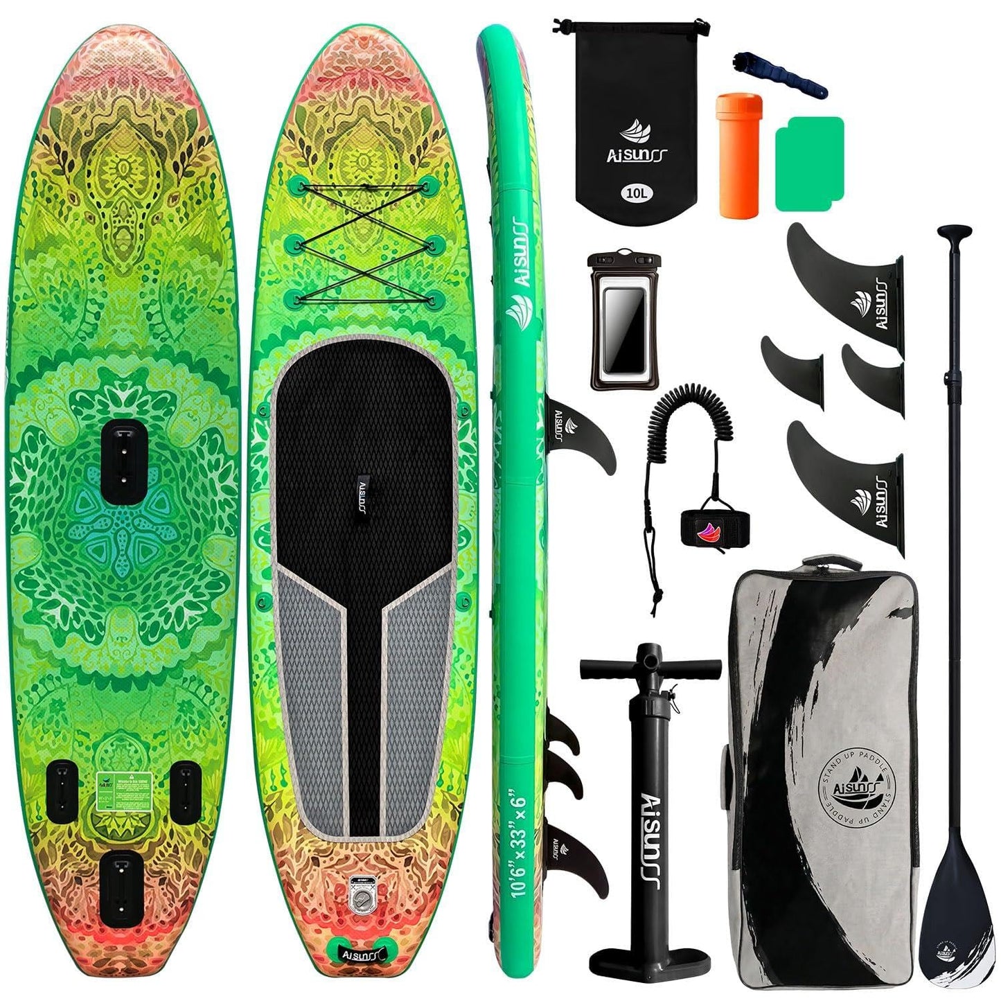AISUNSS Inflatable Stand Up Paddle Board, 10'6"×33"×6" Extra Wide Stable SUP Board for Adults, Non-Slip Deck ISUP with High-Tracking Center Fin, Complete Paddleboard Kit (Green Meditation)