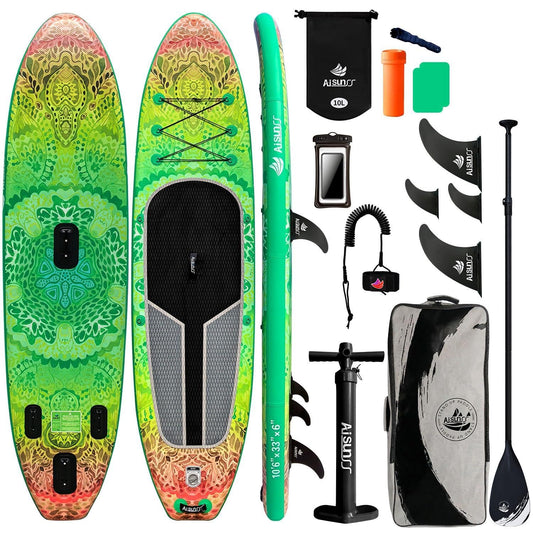 AISUNSS Inflatable Stand Up Paddle Board, 10'6"×33"×6" Extra Wide Stable SUP Board for Adults, Non-Slip Deck ISUP with High-Tracking Center Fin, Complete Paddleboard Kit (Green Meditation)