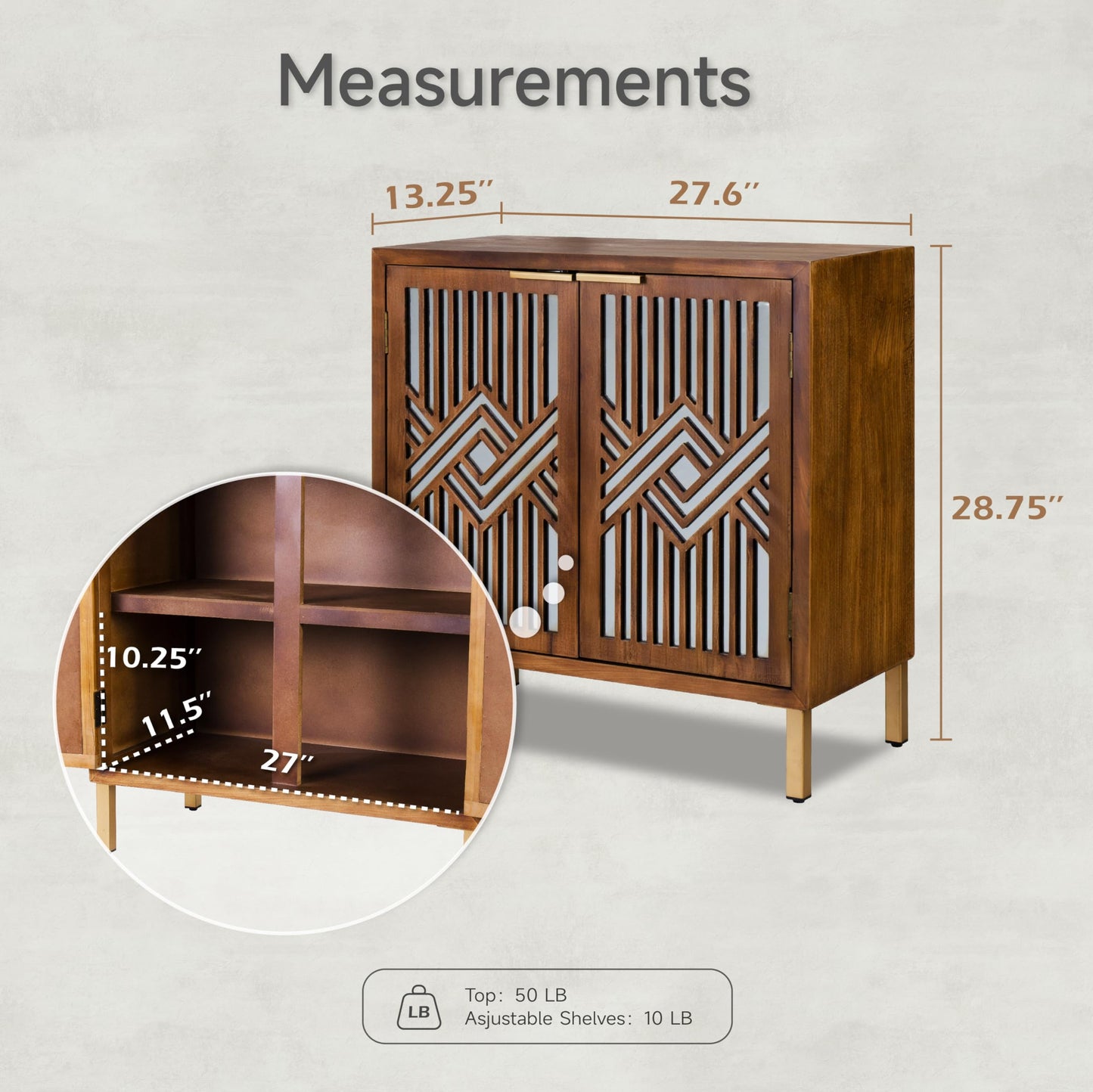 COZAYH 2 Door Accent Cabinet, Wood Sideboard Storage Furniture with Modern Geometric Mirror Front, Freestanding Home and Kitchen Cabinet, Brown/Silver