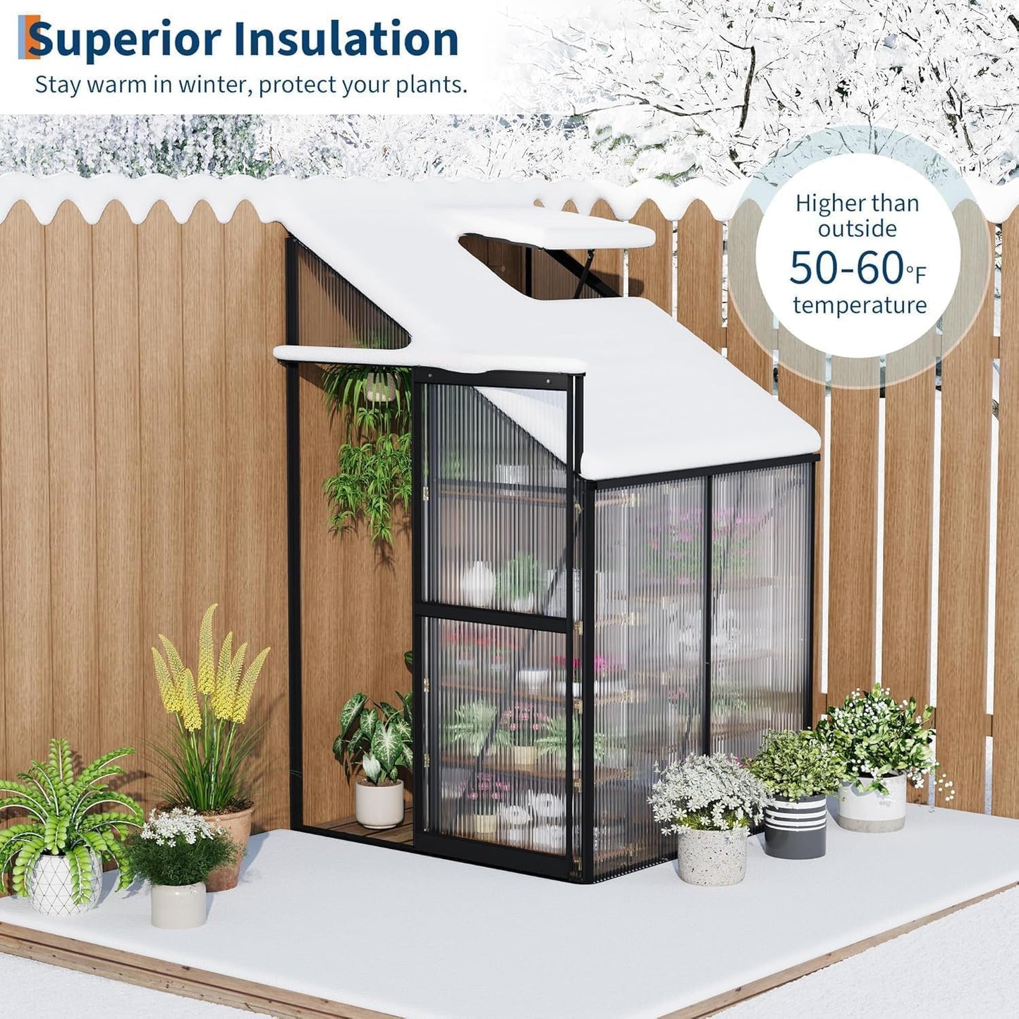 4x4 ft Lean-to Walk-in Polycarbonate Greenhouse,Greenhouse Kit,Lean-to Greenhouse for Outdoors,Portable Wall-Mounted Outdoor Green House with Sliding Door,Adjustable Roof Vent & Rain Gutter