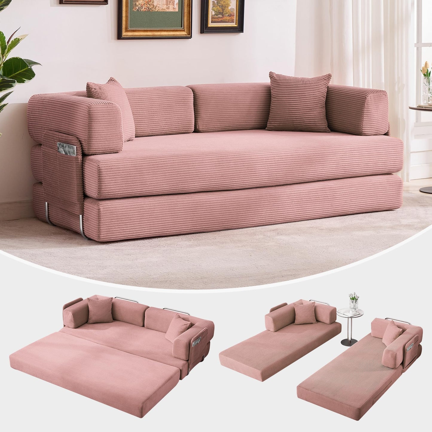 GarveeLife 78.8" Modular Corduroy Sofa Bed,5 in 1 Convertible Futon Floor Couch with Pull-Out Sleeper,Multi-Functional Futon for Living Room Guest Room & Small Spaces