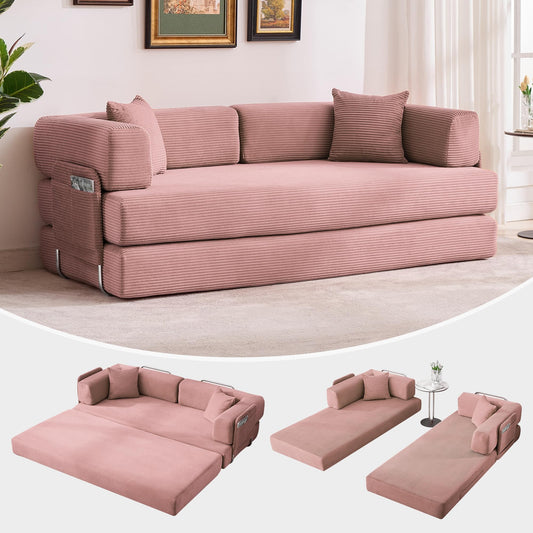 GarveeLife 78.8" Modular Corduroy Sofa Bed,5 in 1 Convertible Futon Floor Couch with Pull-Out Sleeper,Multi-Functional Futon for Living Room Guest Room & Small Spaces