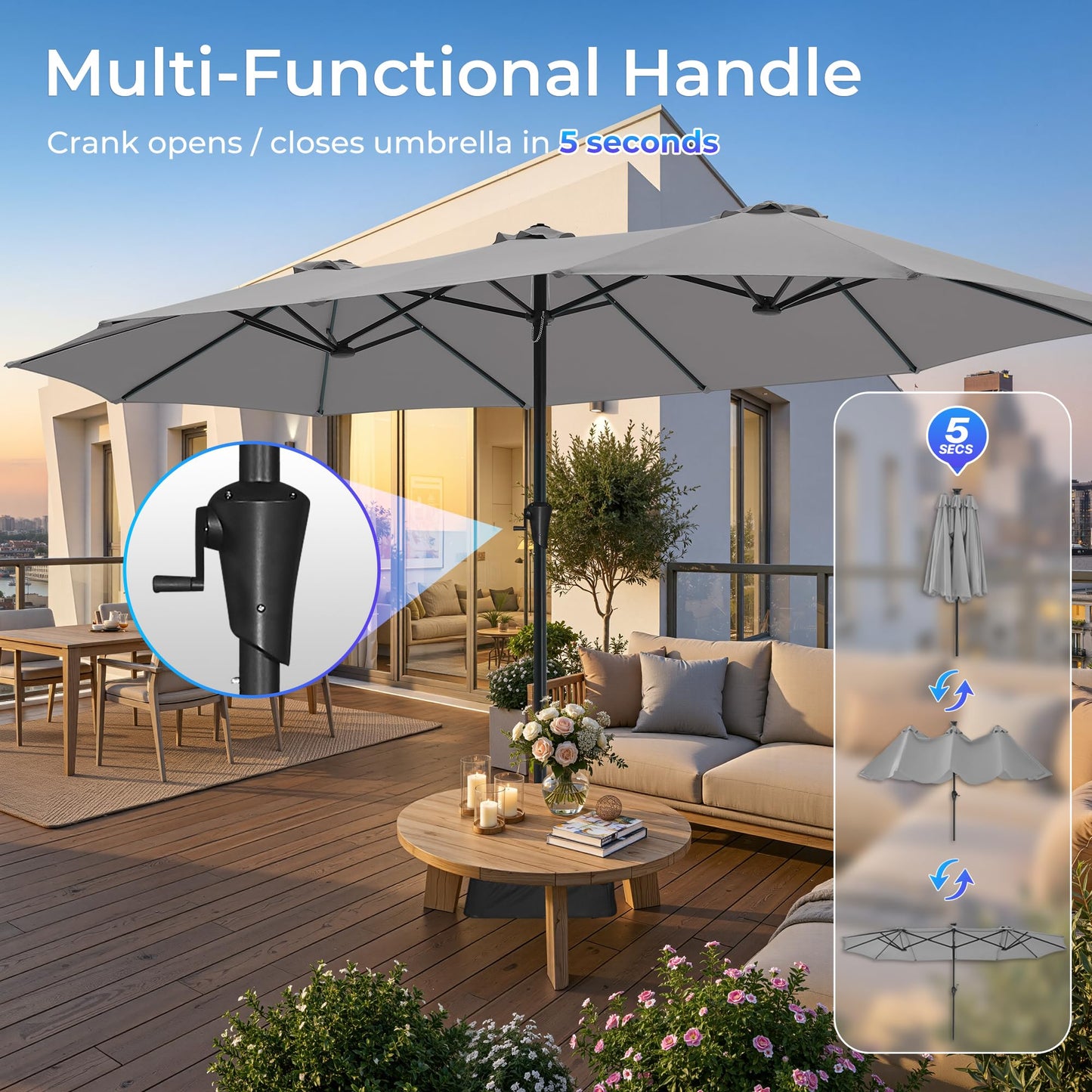 SUPERJARE 15FT Outdoor Patio Umbrella with Base Included, Double Sided Pool Umbrellas with Fade Resistant Canopy, Extra-Large Table Umbrella for Deck, Market, Backyard, Gray