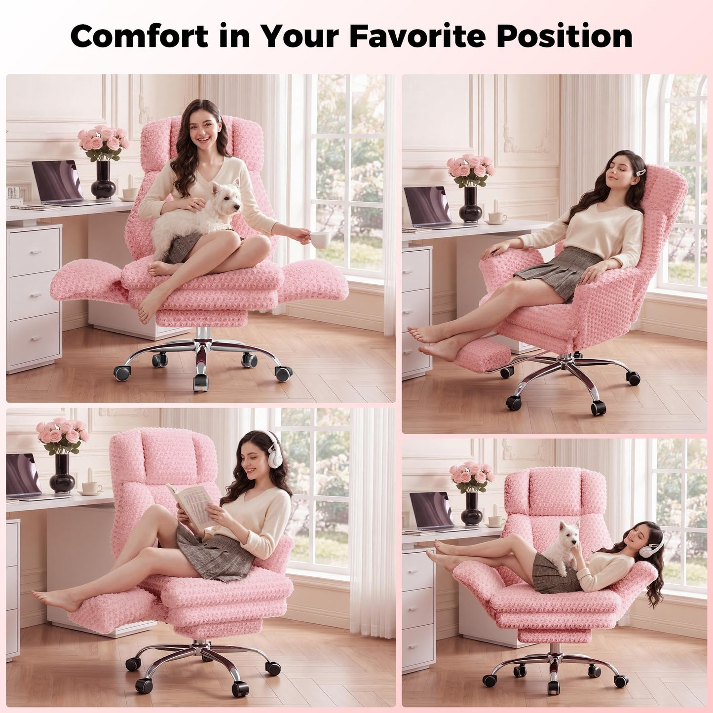 HOMRELEXA Big and Tall Office Chair, Flip Armrests for Pets & Cross Legged Sitting, Executive Ergonomic Computer Gaming Chair with Foot Rest, Rose Velvet Pink Wide Seat Reclining Desk Chair
