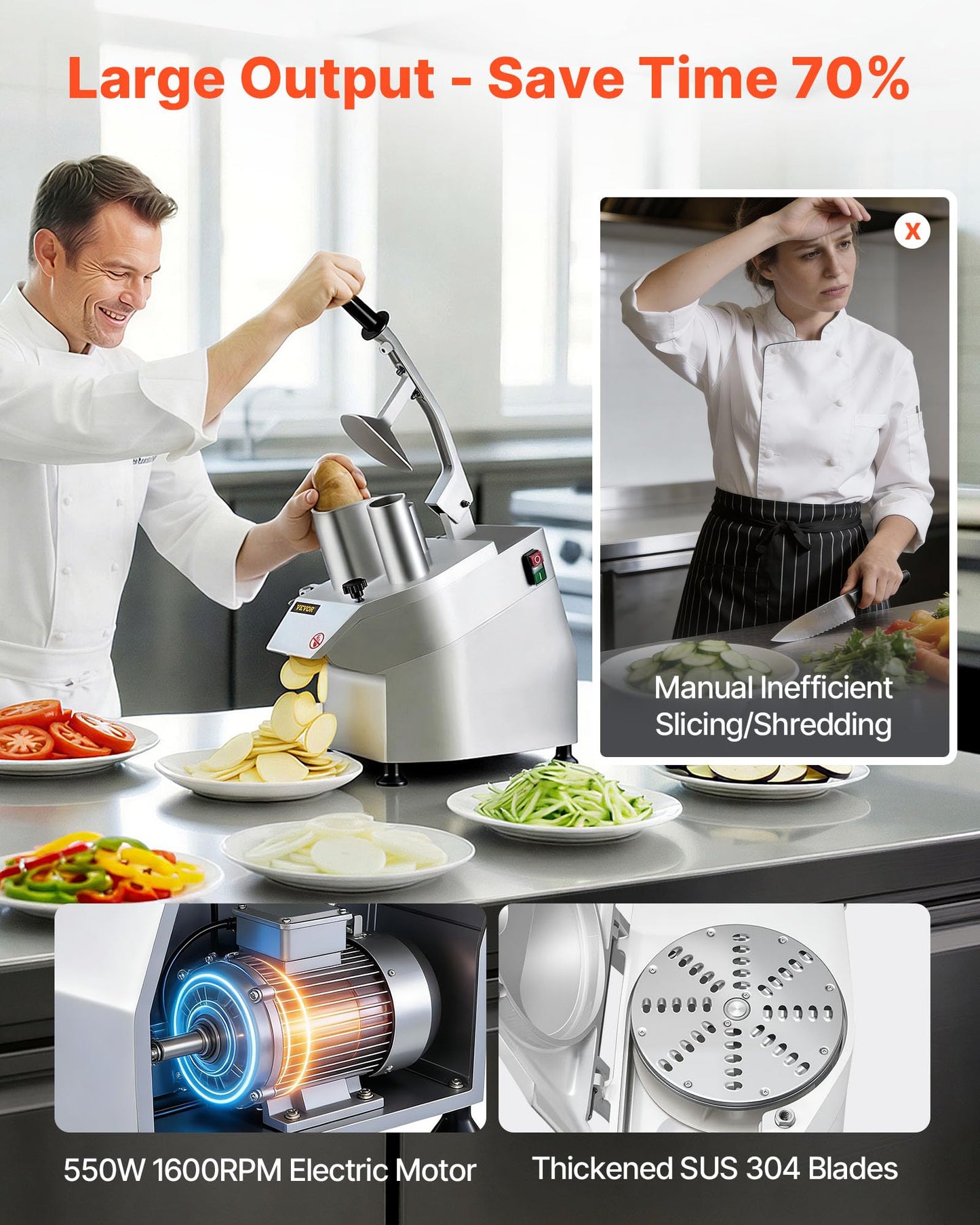 VEVOR Commercial Food Processor 2 Feeding Holes, 550W Electric Vegetable Slicer 1600 RPM, Stainless Steel Vegetable Processor Detachable 6-blades, 3mm/4mm/7mm Shred, 2mm/4mm Slice