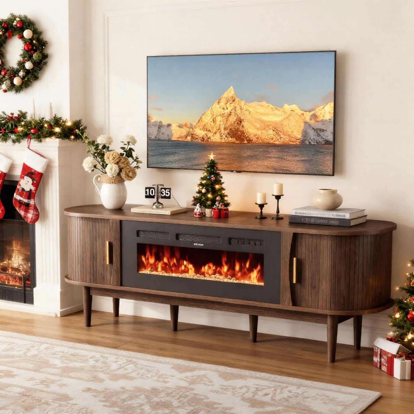 Decofy 70″ Fluted Fireplace TV Stand for 80″ TVs, Remote & Touch Control Adjustable Flame Colors & Temperature, Entertainment Center with Storage, Modern Media TV Console Table for Living Room(Walnut)