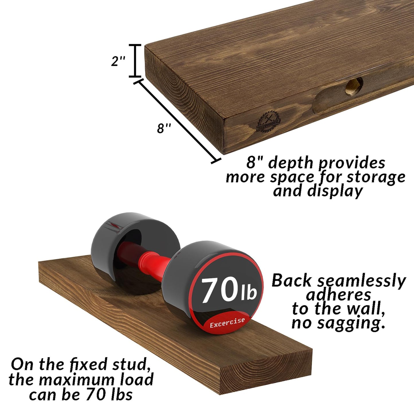XWNE 60 Inch Floating Shelves,8-Inch Deep High-End Solid Wood Long Floating Shelves for wall Set of 2, Rustic Walnut Wall Shelves for Bedroom Kitchen &Living Room, with Sturdy Hidden Bracket, Walnut