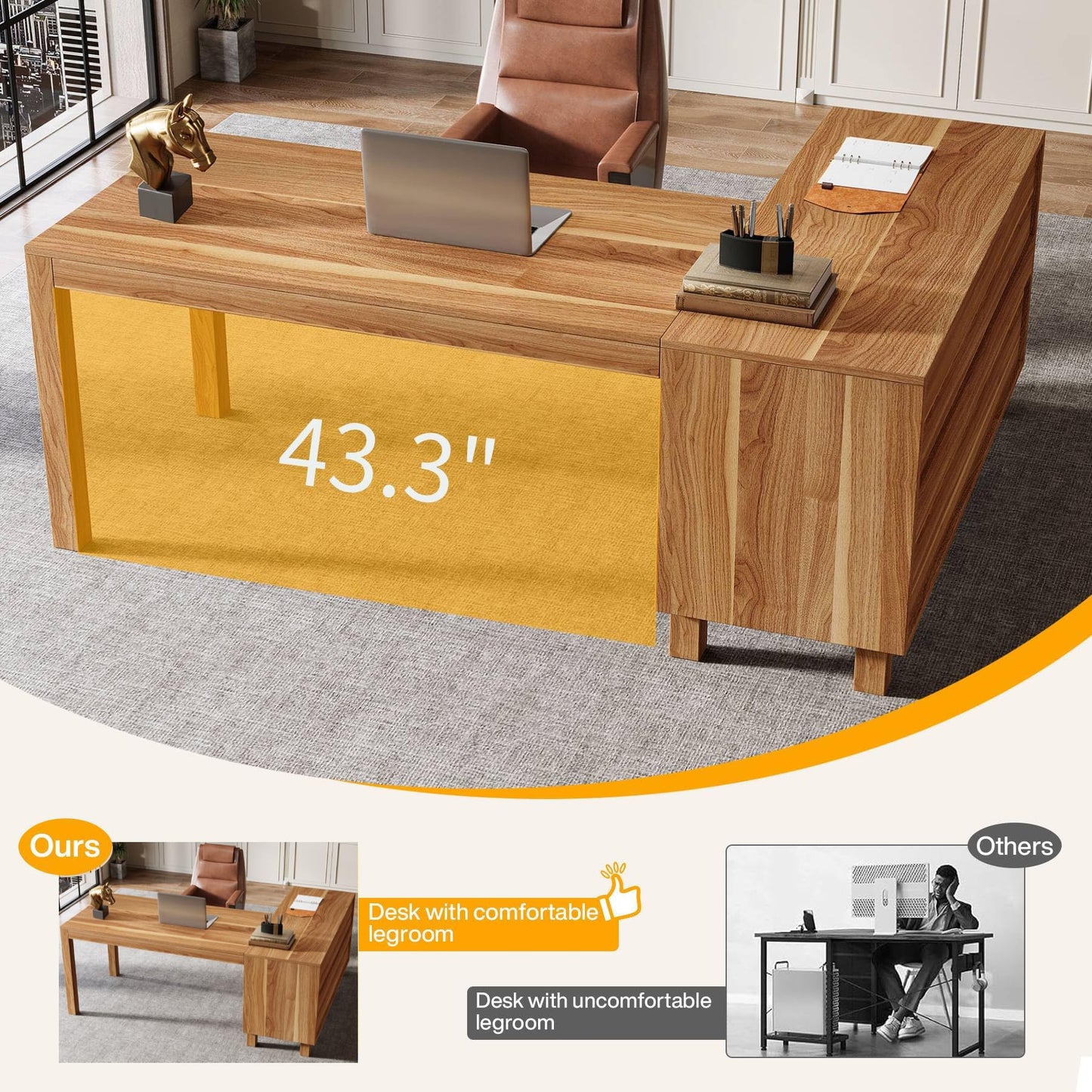 Tribesigns 59-Inch L-Shaped Desk with File Cabinet & Shelves, Brown