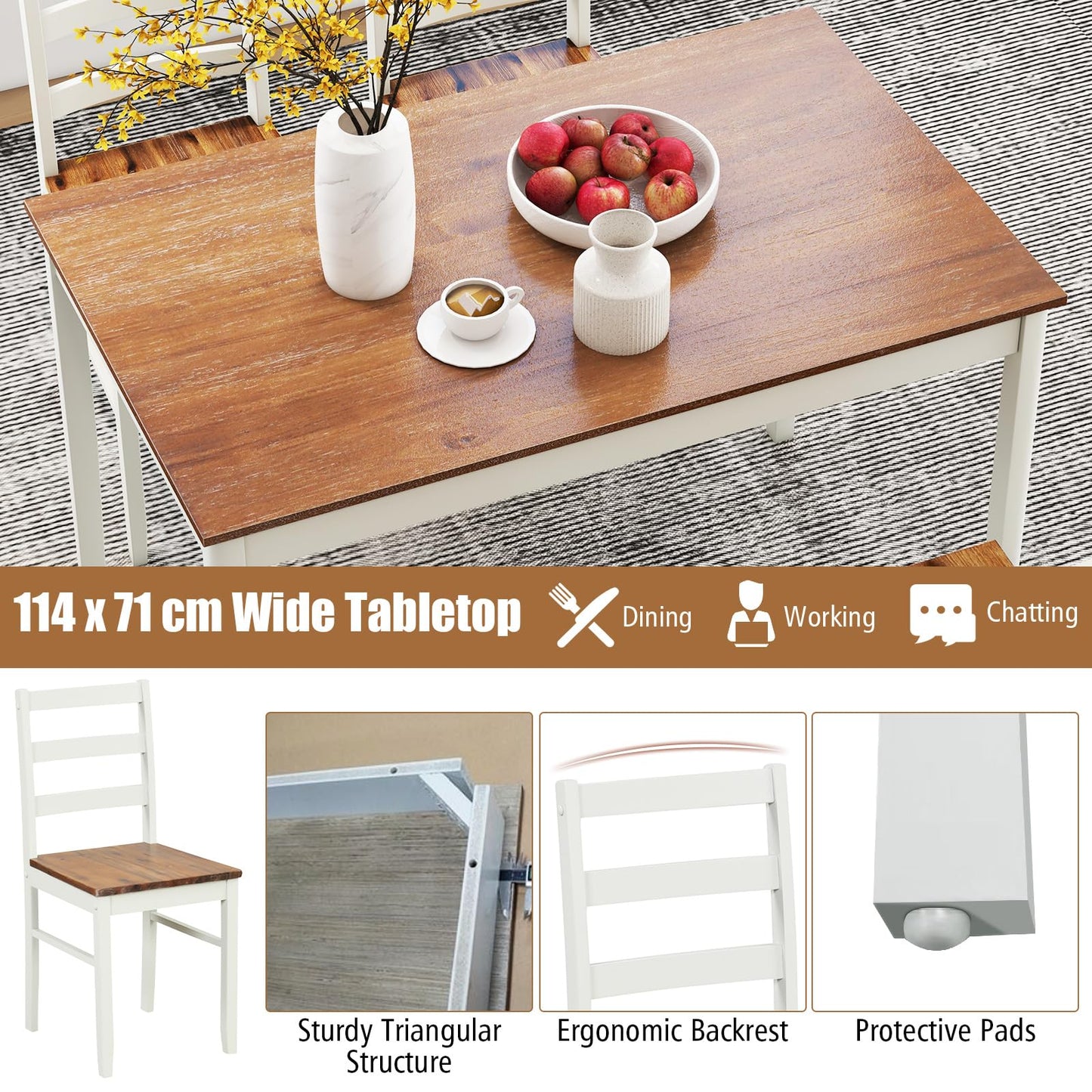 Tangkula Dining Table Set for 4, Solid Wood, Farmhouse Dinette Set w/Rubber Wood Legs, Mid-Century Modern, Compact Dining Table and Chairs Set for Kitchen, Dining Room (Brown+White)