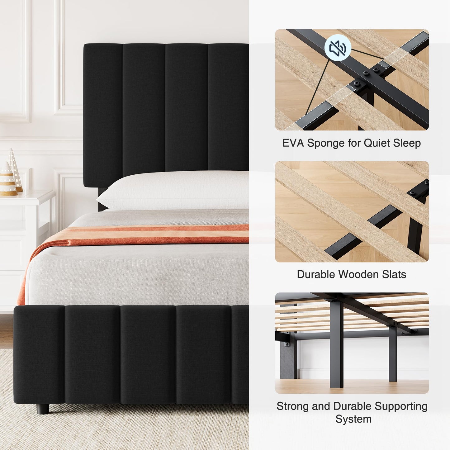 GarveeHome King Size Bed Frame with 4 Storage Drawers, Linen Upholstered Platform Bed Frame, Adjustable Height Headboard, No Box Spring Needed, Easy to Assembly, Black