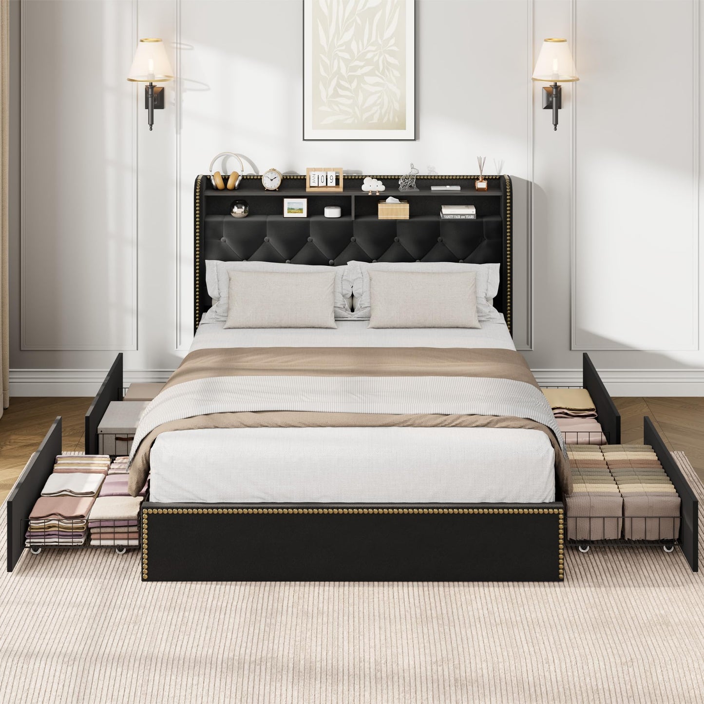 Queen Size Black Velvet Storage Bed with Shelved Headboard and 4 Drawers, Tufted Upholstered Platform Bed Frame with Nailhead Trim, Metal Support Slats, No Box Spring Required, Easy to Assemble