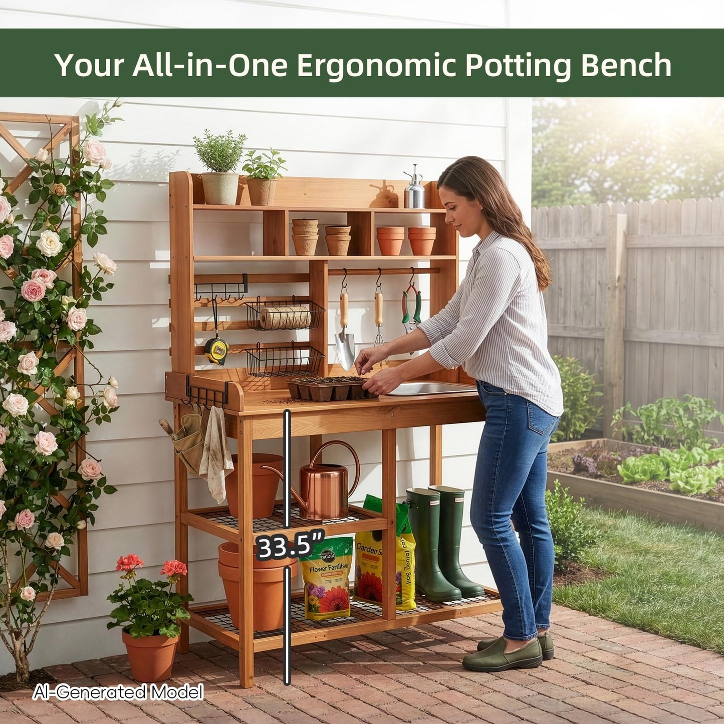 OOOK Potting Bench, Nordic Scots Pine Potting Table, Removable Sink, Workstation for Outside Patio Lawn, Wooden Garden Work Station