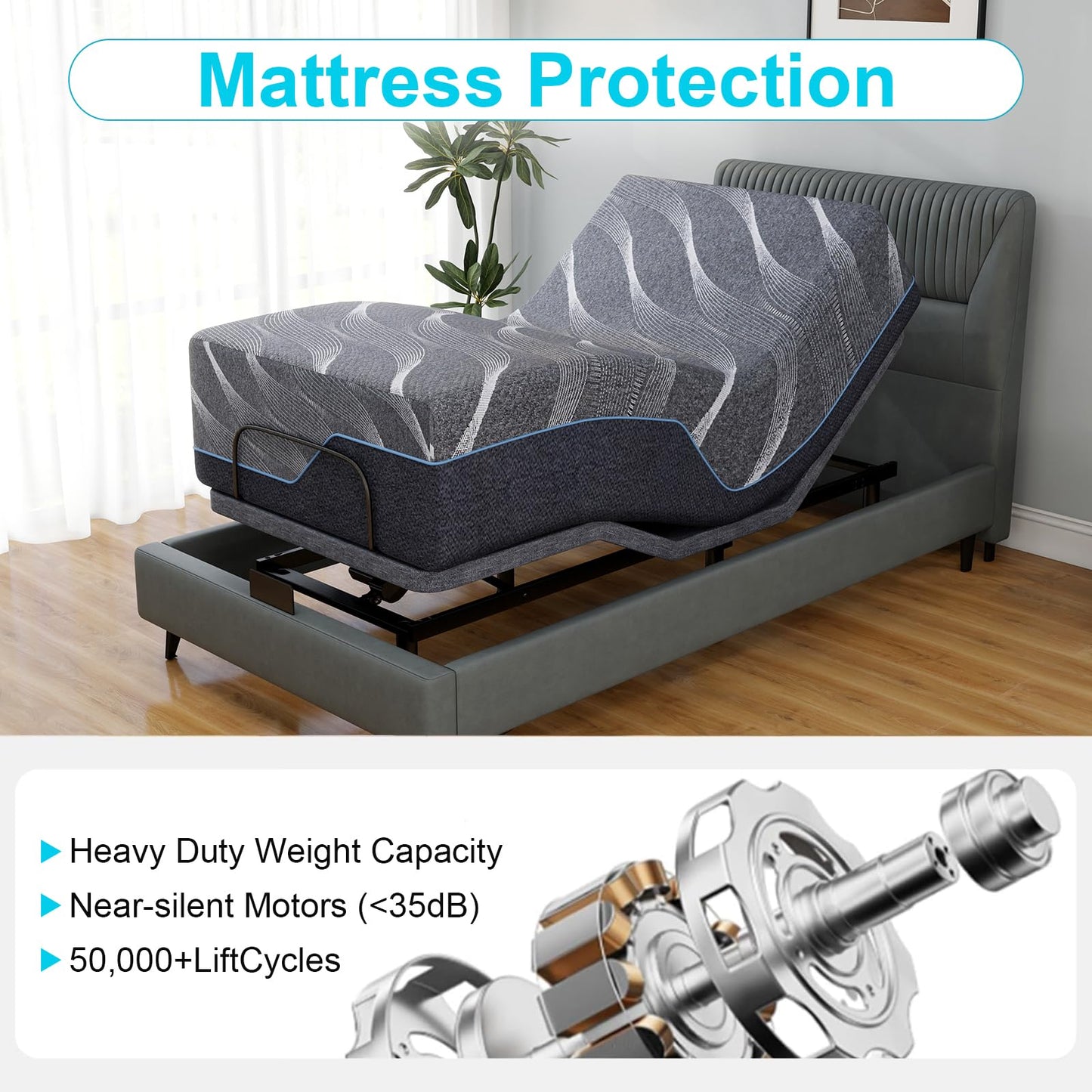 Vipbear Adjustable Bed Base Twin XL Massage with 12" Gray Mattress Dual Head & Foot Lift Electric Bed Frame with Wireless Remote | 0 Gravity | Anti-Snore | Under Bed LED | USB Ports