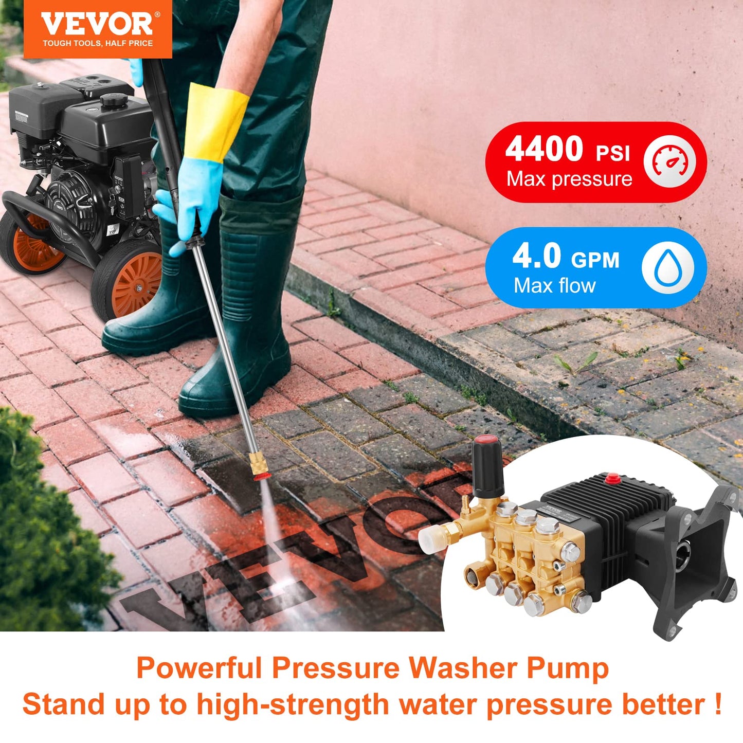 VEVOR Pressure Washer Pump, 4400 PSI, 4.0 GPM, 1" Shaft Horizontal Triplex Plunger, Replacement Power Washer Pumps Kit, Parts Washer Pump, Compatible with Simpson, Honda, Homelite, Troybilt etc.