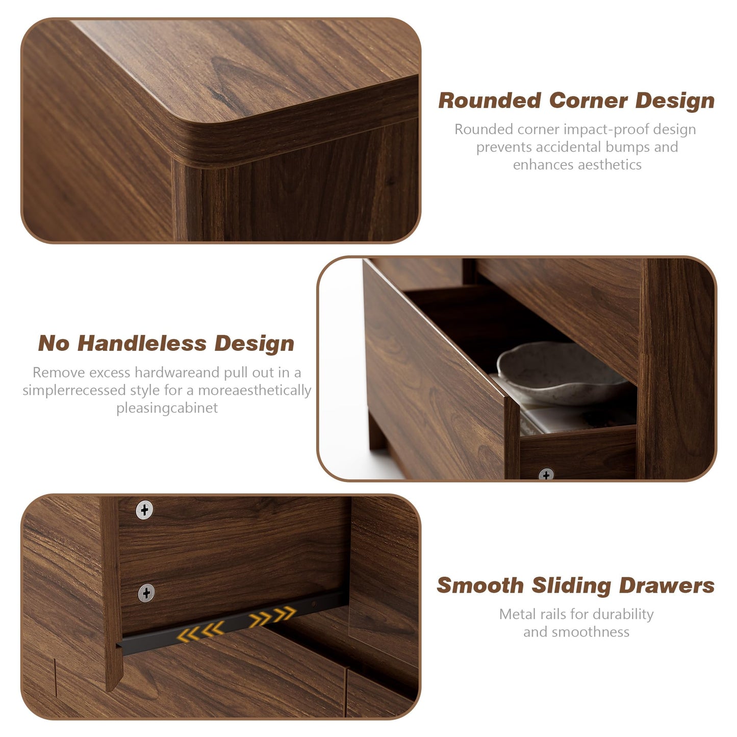 Now Mais 6 Drawer Walnut Dresser for Bedroom, 47.2" Wide Modern Chest of Drawers with 6 Large Storage Space with Curved Edge Design, Large Dresser for Bedroom,Walnut