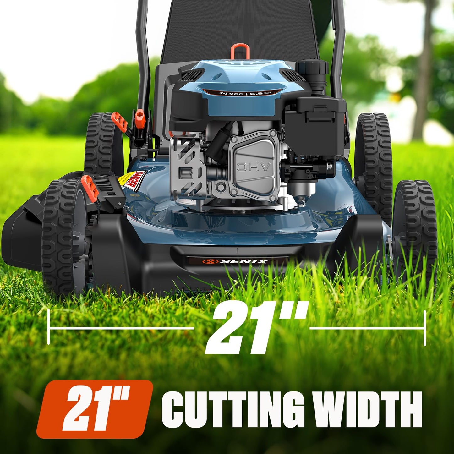 SENIX 21" Gas Lawn Mower 144cc, 3-in-1 Push Mower Mulch Bag Side Discharge