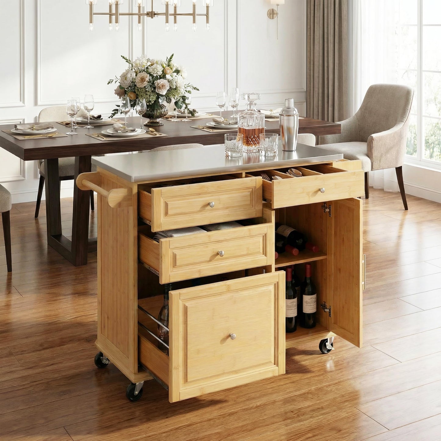 Merax Indoor Bamboo Rolling Kitchen Island with Stainless Steel Top – Mobile Cart with Drawers, Cabinet & Towel Rack for Dining & Bar