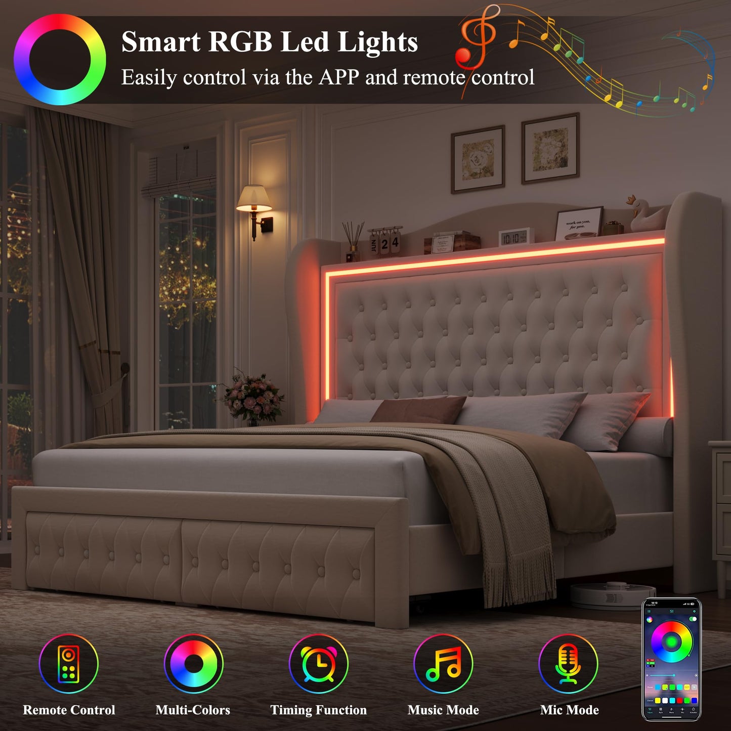 Queen Bed Frame 55" Tall Headboard with LED Lights, Buttons Tufted Velvet Upholstered Platform Bed Frame with 2 Storage Drawers, Wood Slats Support Mattress Foundation, No Box Spring Needed, Beige