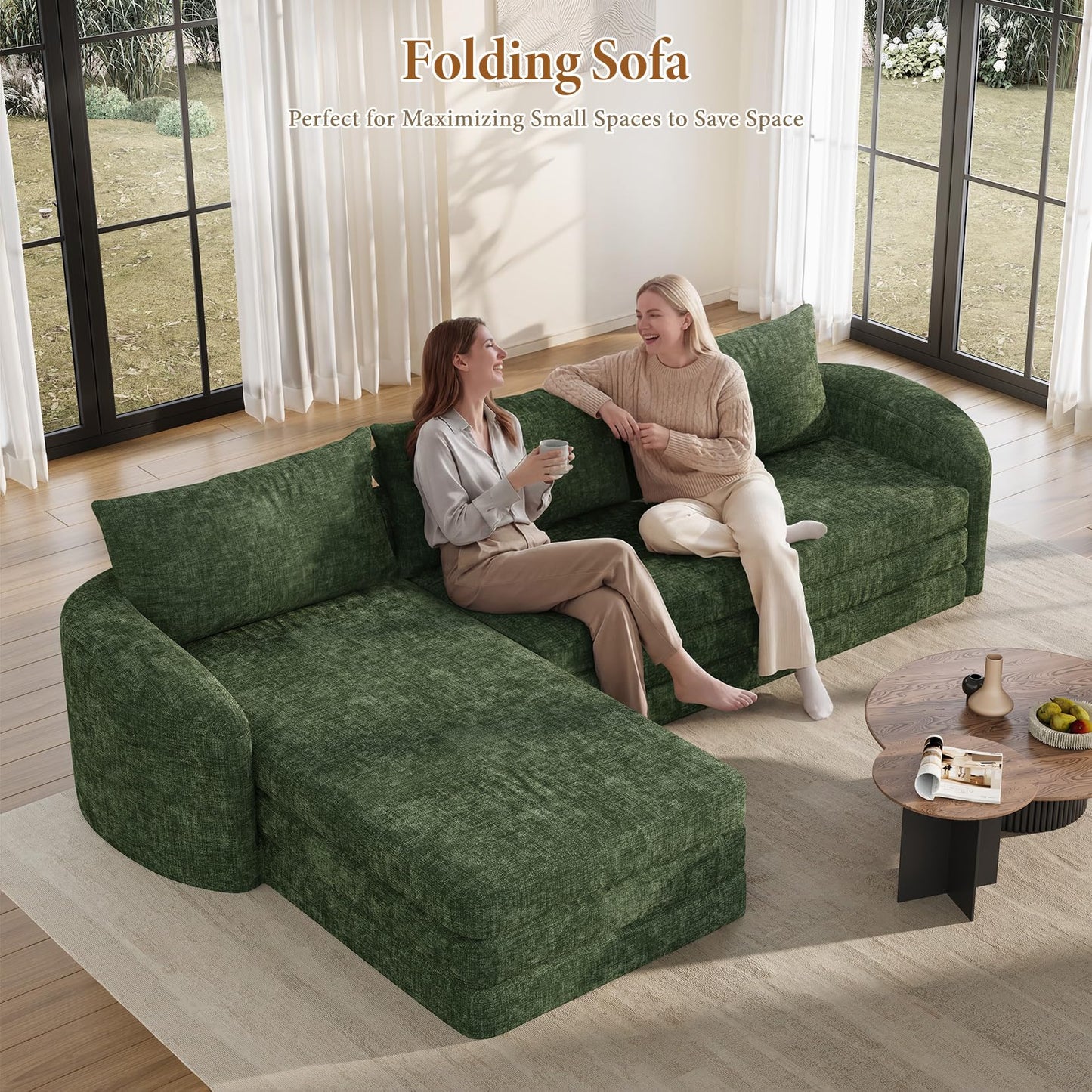 Vesgantti 110.2" Modular Sectional Sofa with Curved Armrest, 6 in 1 Convertible Folding Sleeper Sofa Bed, Chenille Boneless Couch for Living Room, No Assembly Required, Green, Left Facing Chaise