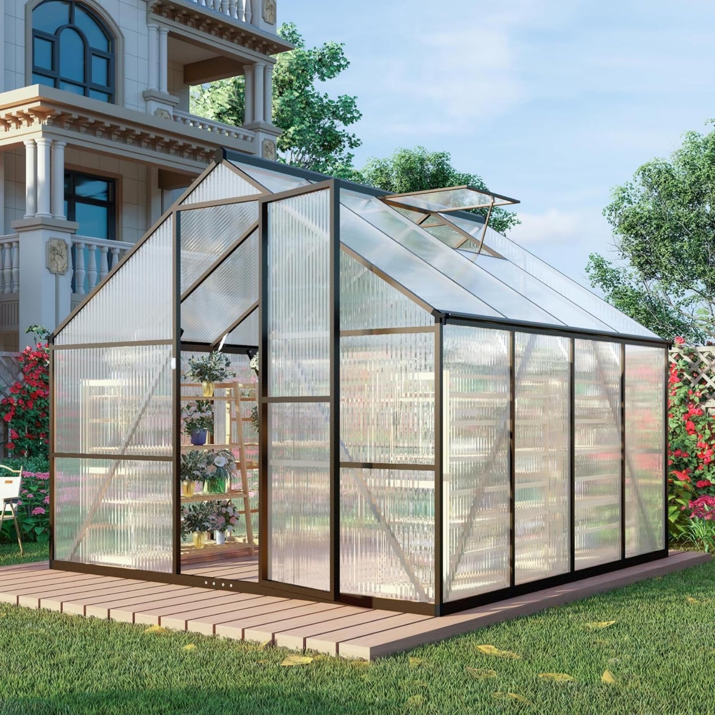 Fly by Yan 8x8 FT Greenhouse for Outdoors, Polycarbonate Greenhouse with Quick Setup Structure and Roof Vent, Aluminum Large Walk-in Green House for Outside Garden Backyard, Dark Gray