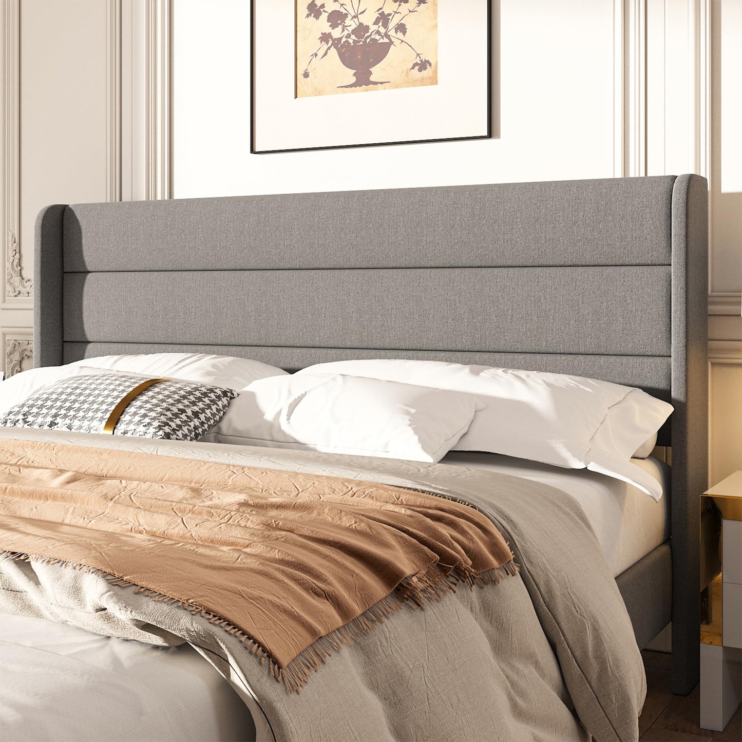 Mxhtcewz Full Size Upholstered Platform Bed Frame, Modern Linen Fabric Bed with Wingback Headboard, Sturdy No Wobble, Noise-Free & Easy Assembly, No Box Spring Needed, Gray