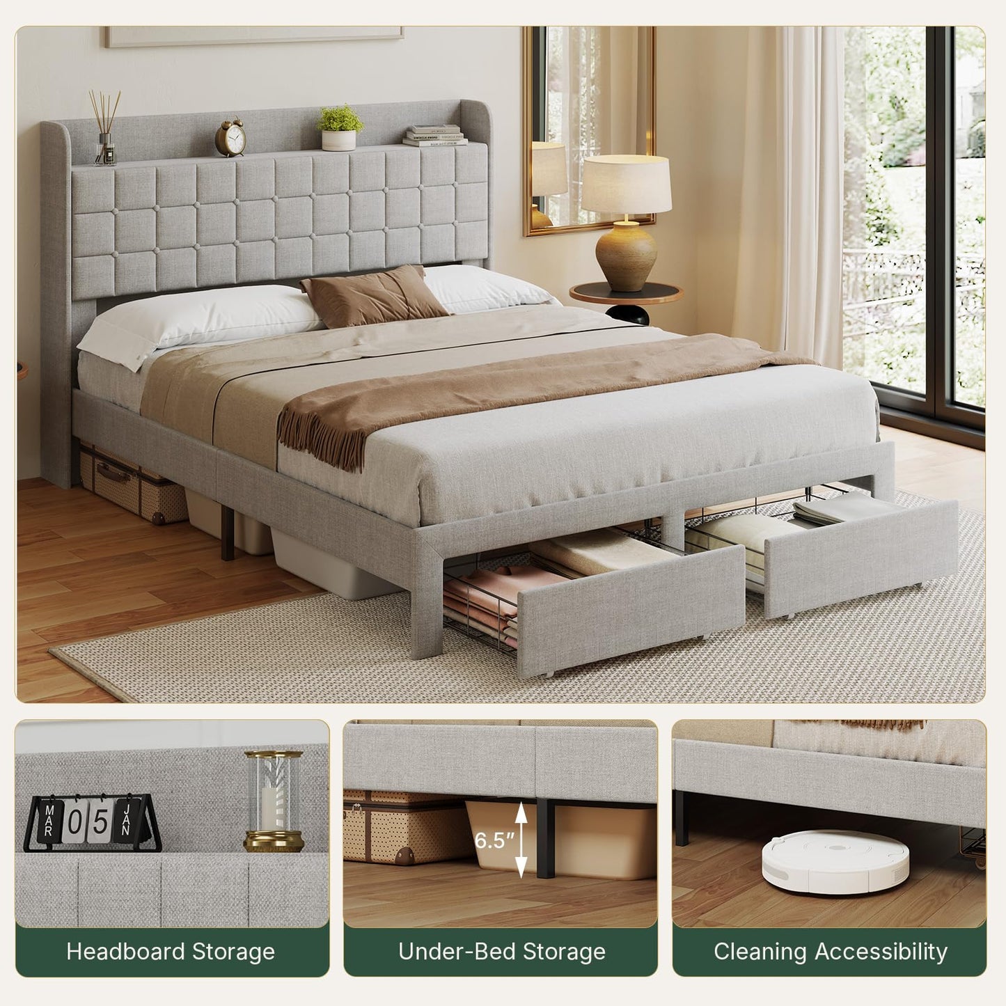 HAPPYMONT Full Size Storage Bed Frame, Square Tufted Headboard, Platform Bed with 2 Underbed Drawers at Foot, Wooden Slats Support, No Box Spring Needed, Light Gray