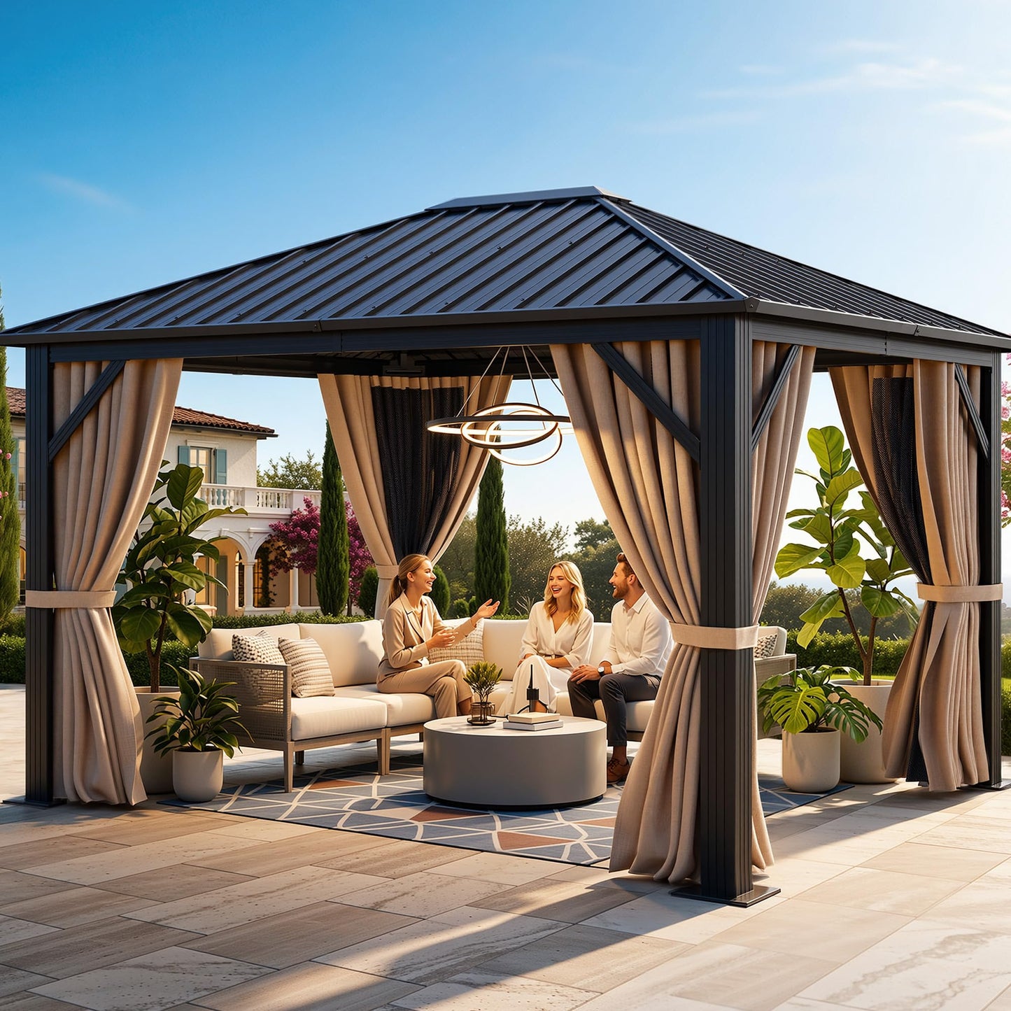 YITAHOME 10X12FT Hardtop Metal Gazebo Single Top Outdoor Patio Canopy Galvanized Iron Aluminum Column Garden Tent Curtains Netting for Backyards Decks Lawns,Brown