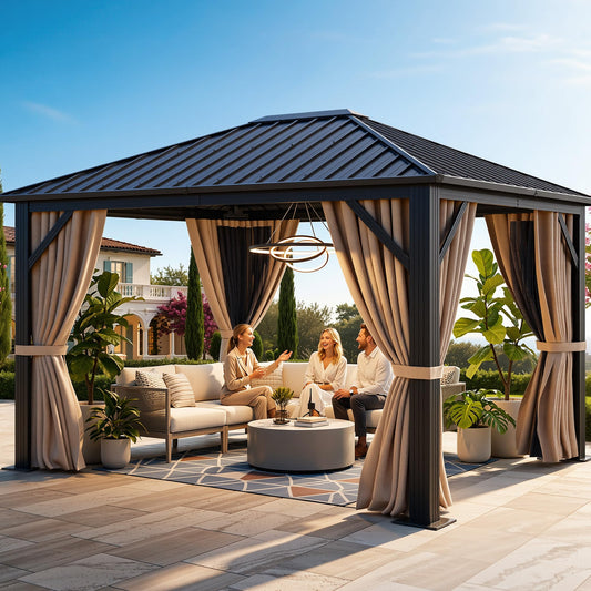 YITAHOME 10X12FT Hardtop Metal Gazebo Single Top Outdoor Patio Canopy Galvanized Iron Aluminum Column Garden Tent Curtains Netting for Backyards Decks Lawns,Brown