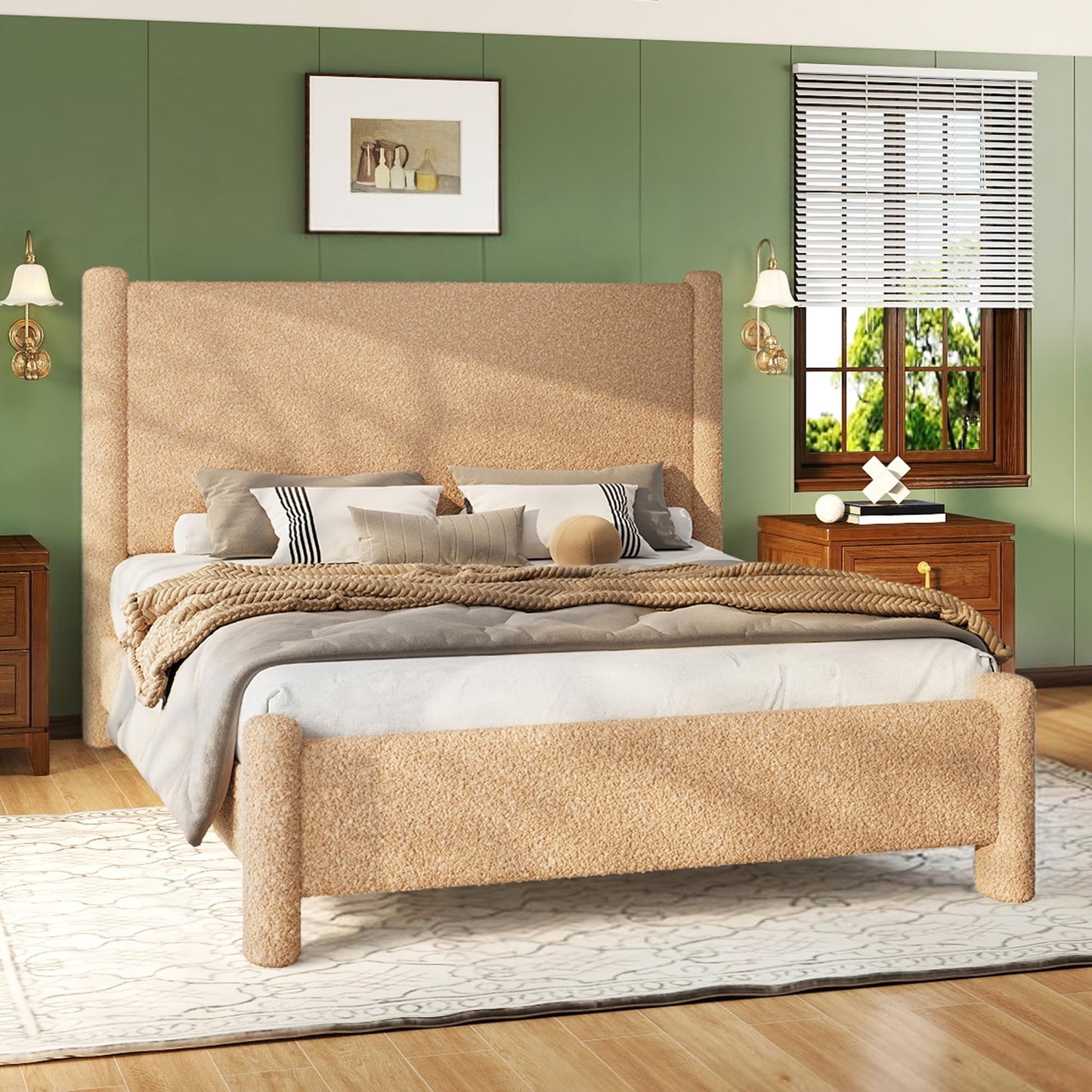 AMERLIFE King Boucle Cloud Upholstered Bed Frame with Cylinder Headboard, Modern Platform Structure, Sherpa Boucle Soft Design, No Box Spring Needed, Khaki