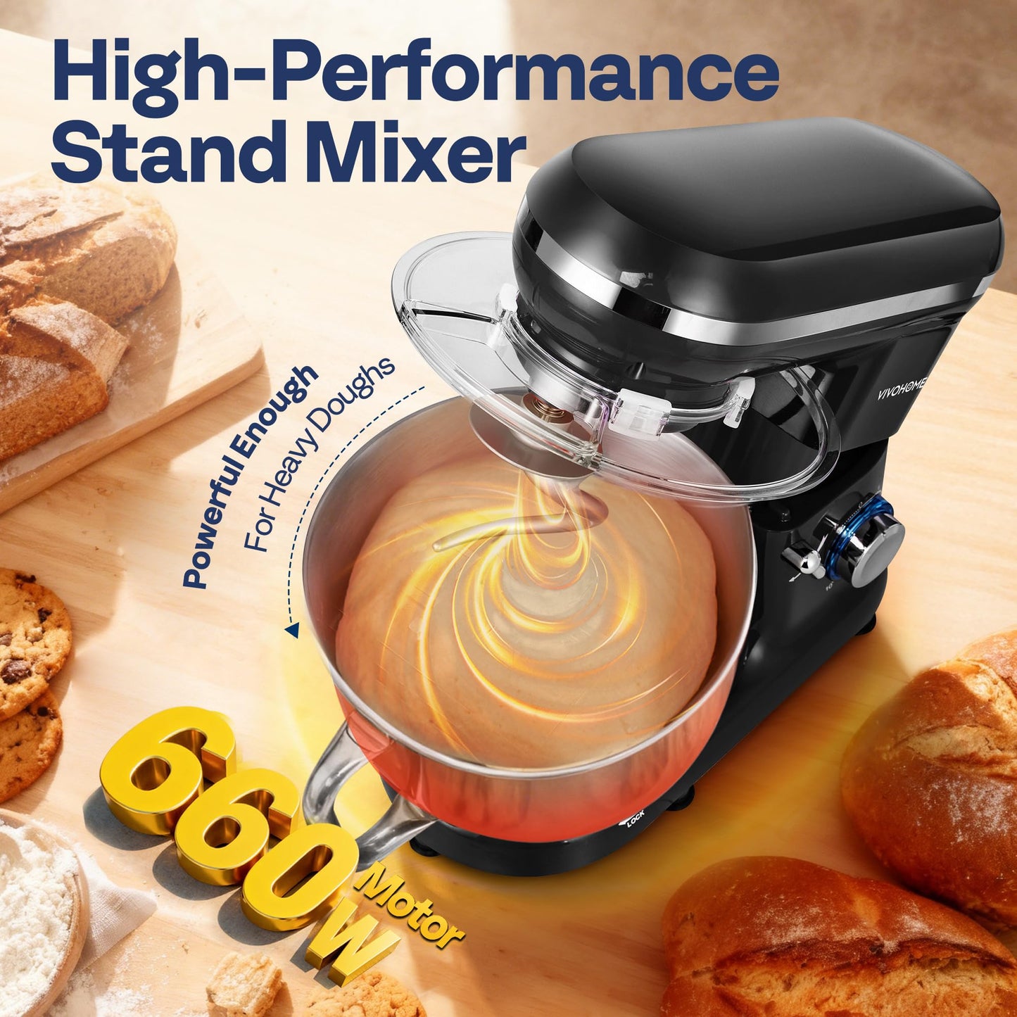 VIVOHOME Stand Mixer, 660W 10 Speed 6 Quart Tilt-Head Kitchen Electric Food Mixer with Beater, Dough Hook, Wire Whip and Egg Separator, Black
