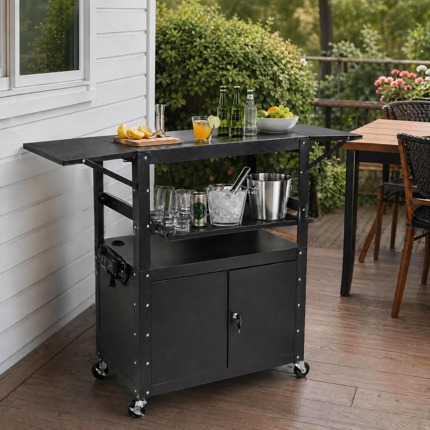 Portable AV Cart with Locking Storage Cabinet, Adjustable Laptop Stand & Drop Leaves, Rolling Workstation with Power Outlets for Classroom, Office, or Home Use