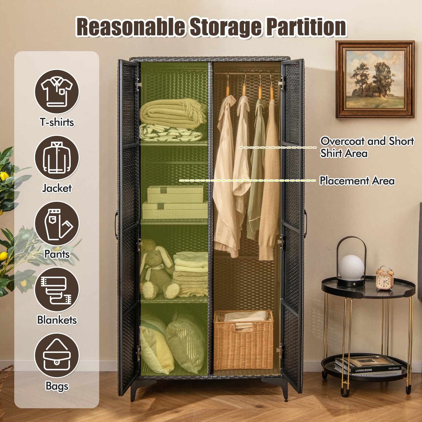 Giantex Wicker Storage Cabinet, 62” Tall Pantry Cabinet with 2 Doors, Hanging Rod, 4 Storage Cubes, Metal Legs, Anti-Tipping Device, PE Rattan Storage Cabinet for Home Office, Garage Cabinets (Black)