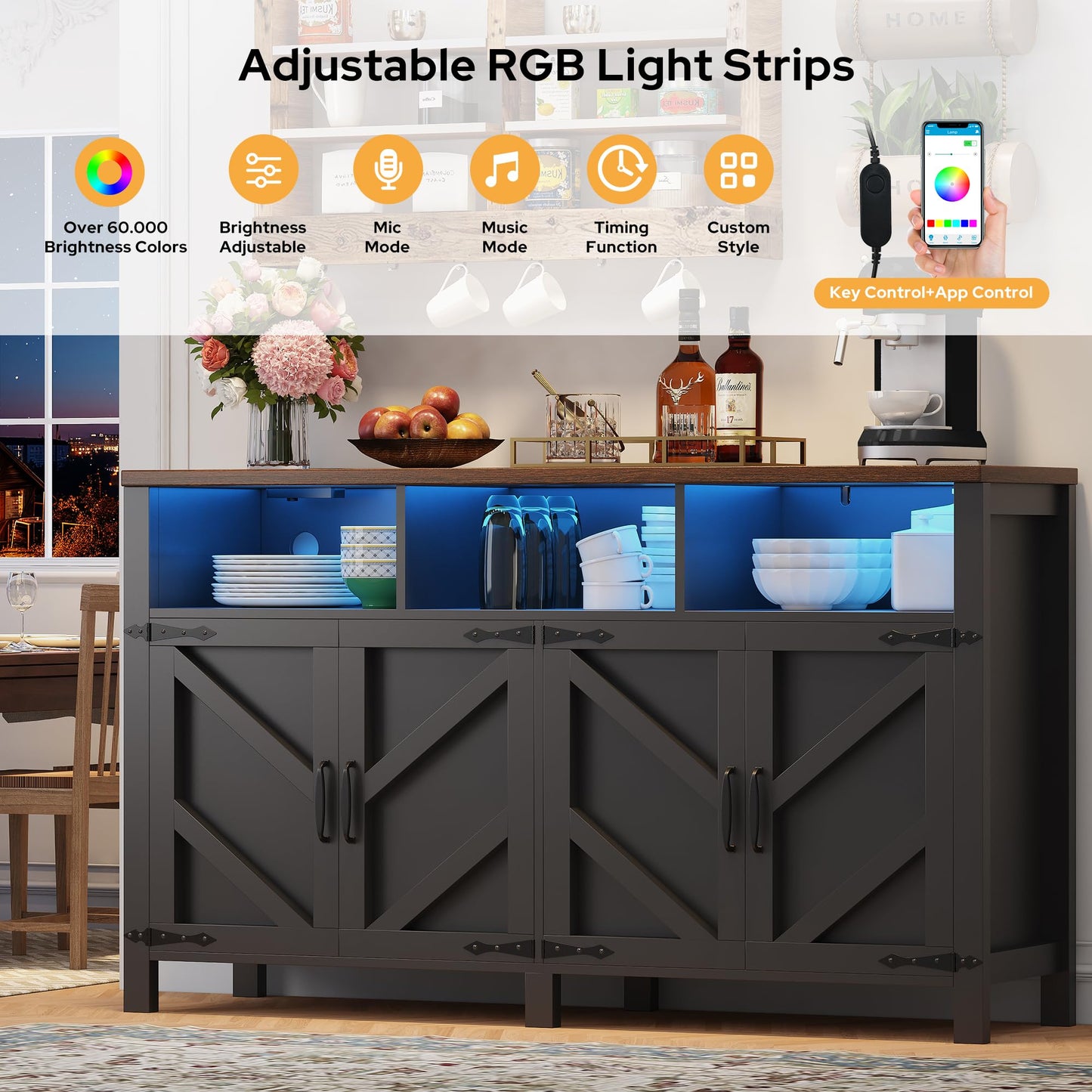 knoworld Buffet Sideboard with Storage with Power Outlets & LED Light 4 Doors, 55'' Large Farmhouse Kitchen Storage Cabinet Wood Coffee Bar Cabinet Buffet Table for Kitchen, Dining Room, Entryway