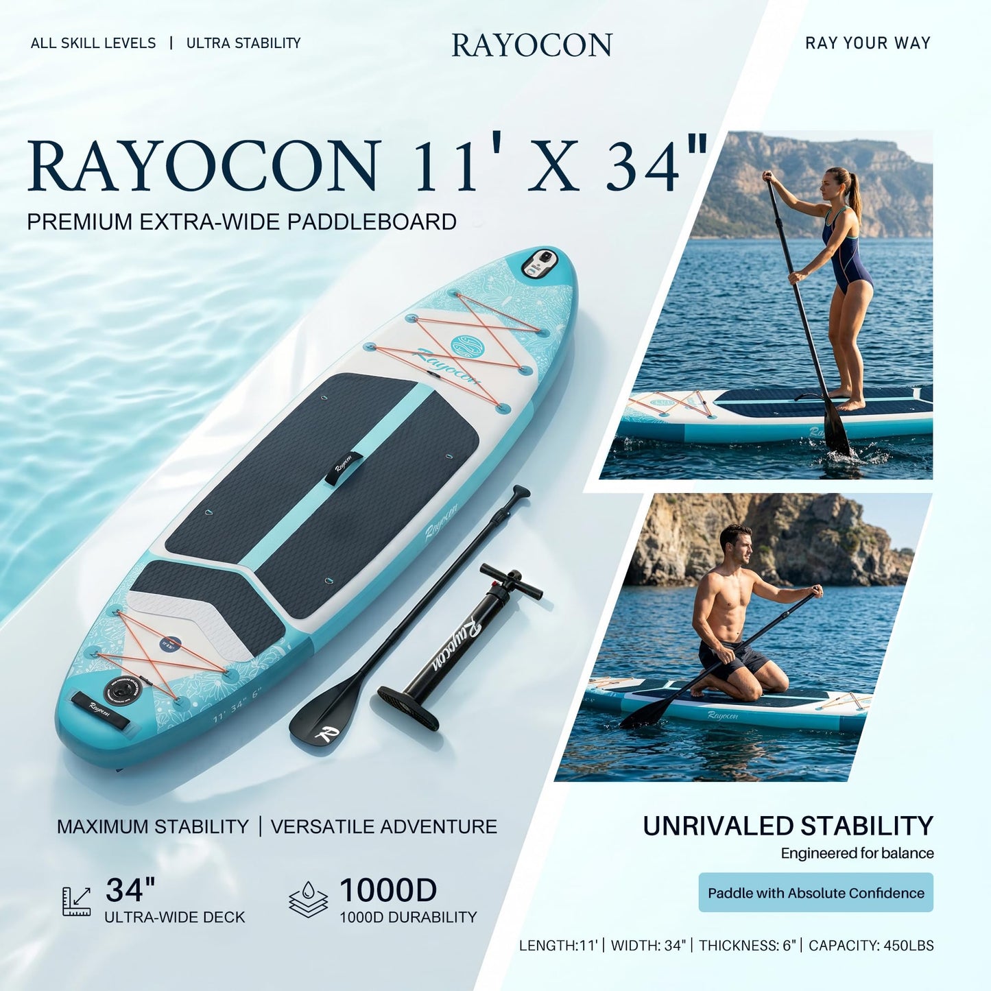Inflatable Stand Up Paddle Board 11'×34" Extra Wide SUP, Ultra-Stable for Adults & Dog, 450lbs, Dual Chamber Pump, Fiberglass Paddle, Military Grade Dual Layer, Mystic Butterfly Design