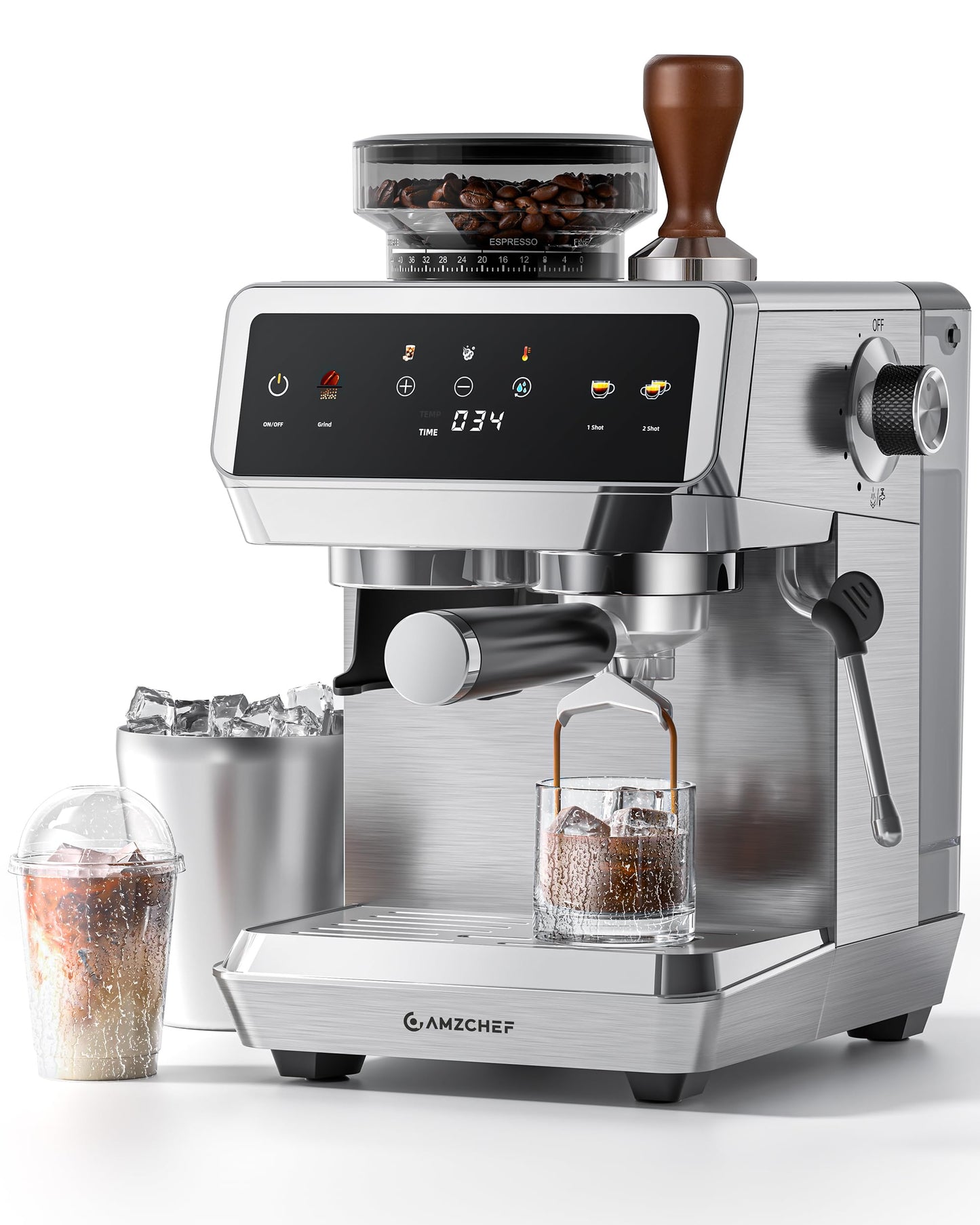 AMZCHEF Espresso Machine With Grinder, 190℉-201℉ Temp Control Coffee machine with 44 Grind Setting, Milk Frother, Touch Screen, Cold Brew, Sliver