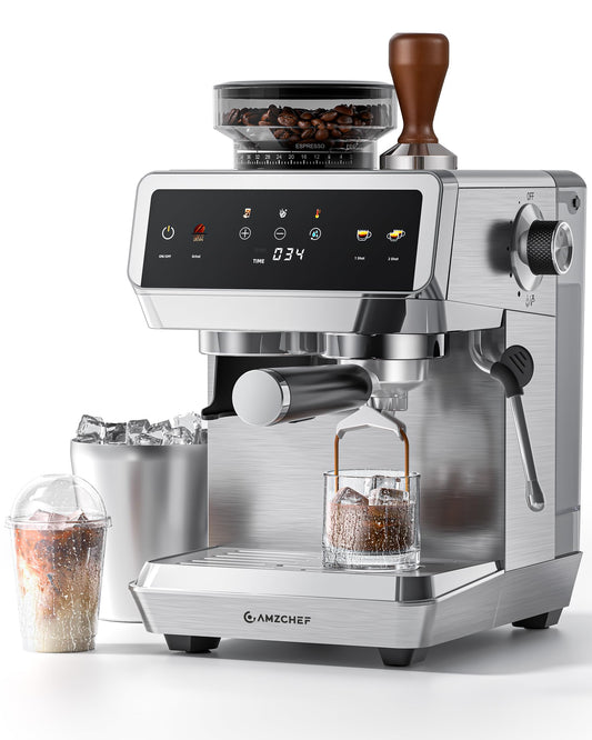 AMZCHEF Espresso Machine With Grinder, 190℉-201℉ Temp Control Coffee machine with 44 Grind Setting, Milk Frother, Touch Screen, Cold Brew, Sliver