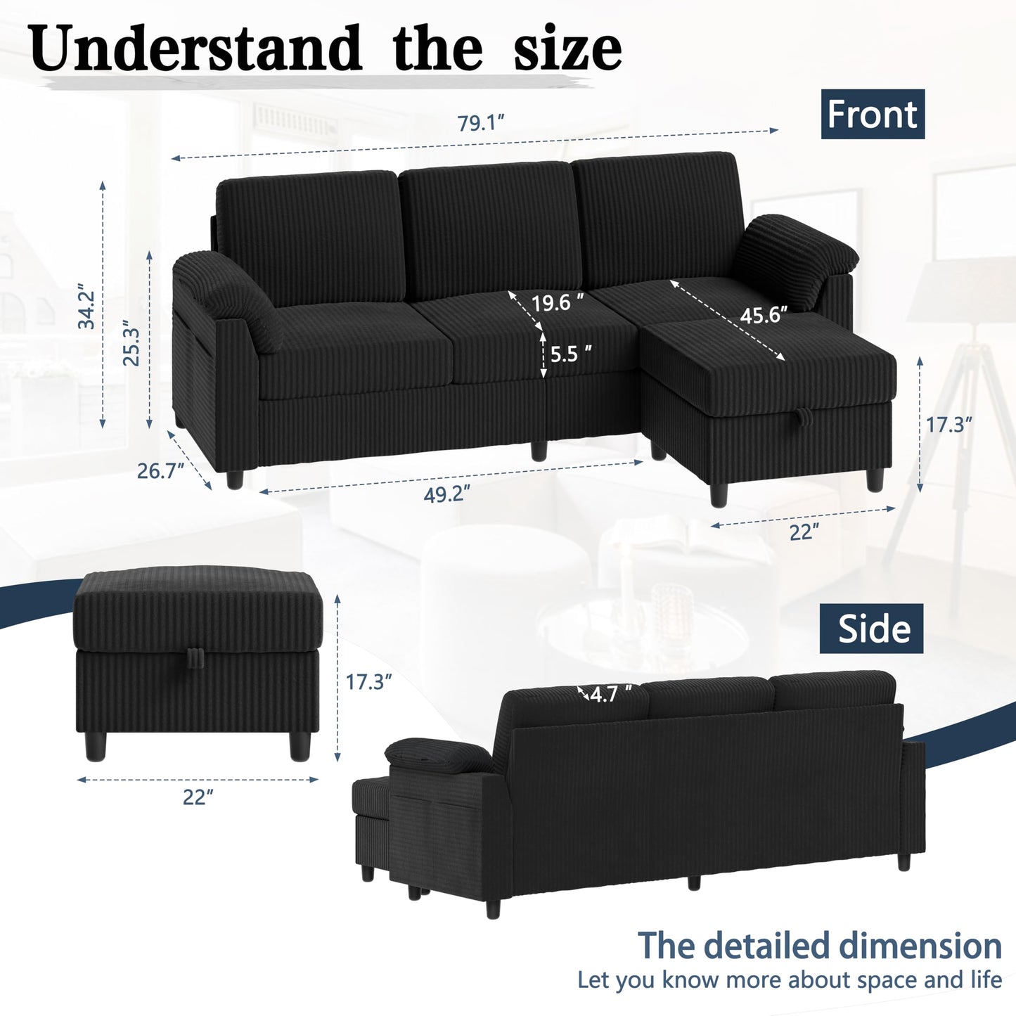 Meilocar Sectional Couch for Living Room, 79in Sectional Sofa with Ottoman, L Shaped Couch with Armrests Side Storage Pockage, 3-Seat Sofa Couches for Apartment, Black