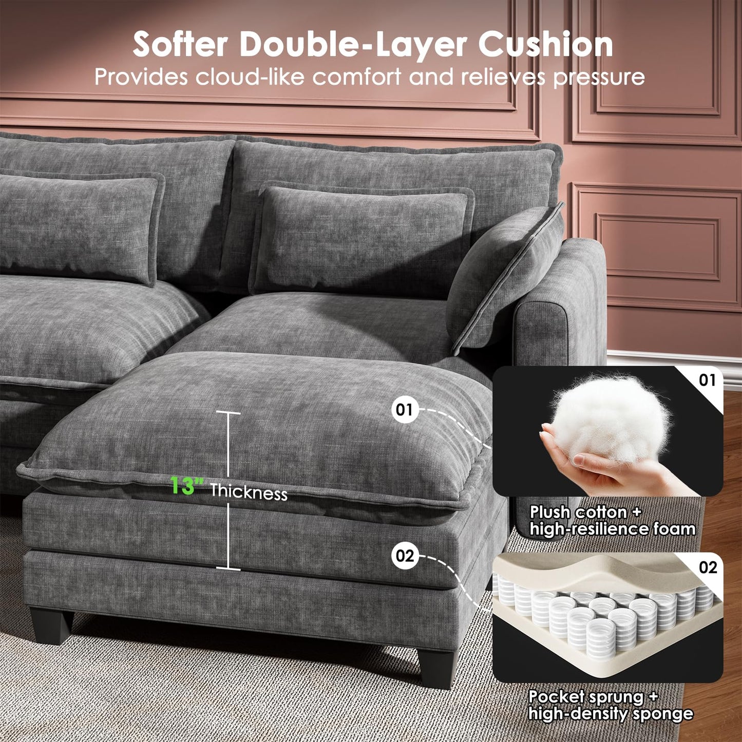 Marsail Modular Sectional Sofa 110.6" U-Shaped Modern Comfy Cloud Couch, 5-Seat Chenille Deep Seat Sofa with Throw Pillow & Movable Ottoman for Living Room, Bedroom and Apartment, Grey